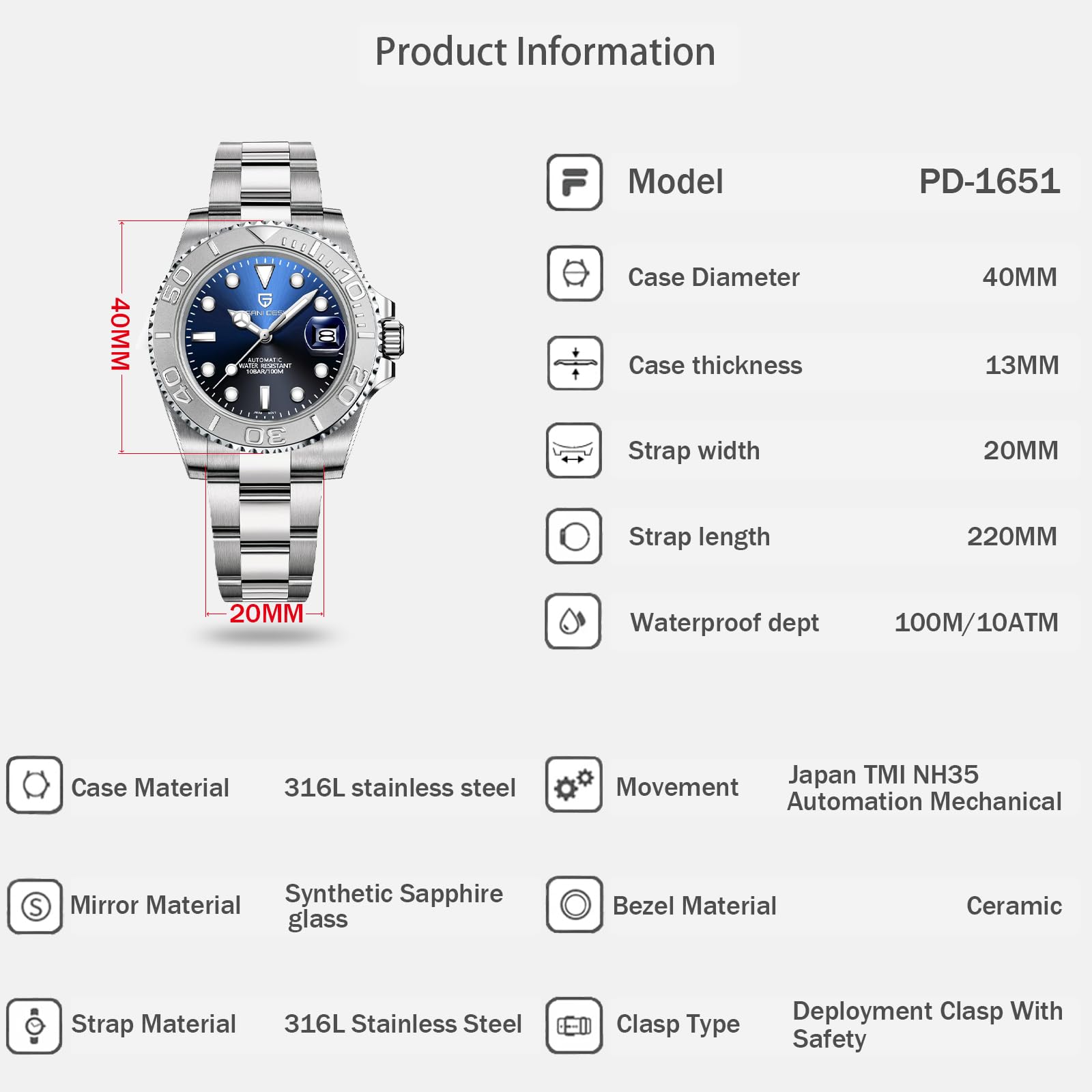 Pagani Design Men's Automatic NH35 Mechanical Watch - 100M Waterproof Stainless Steel Sapphire Glass Yacht Wristwatch PD-1651 | Luxury Dress Watch for Business, Formal Events & Everyday Wear