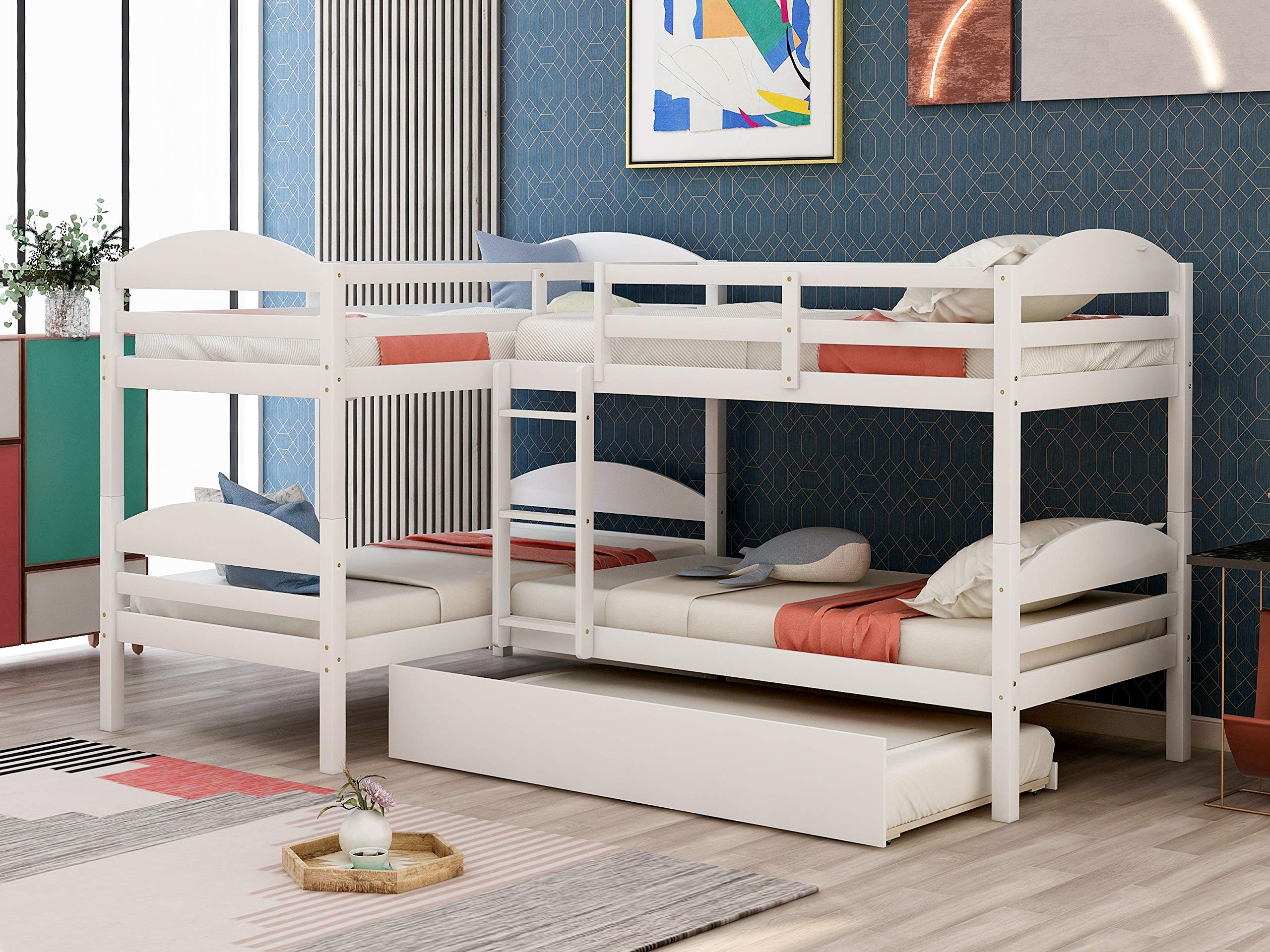 Twin Over Twin L-Shaped Wooden Bunk Bed for Kids & Teens with Trundle - Convertible to 2 Corner Platform Beds - No Box Spring Needed - White (Perfect for Shared Kids' Rooms, Sleepovers & Small Spaces)