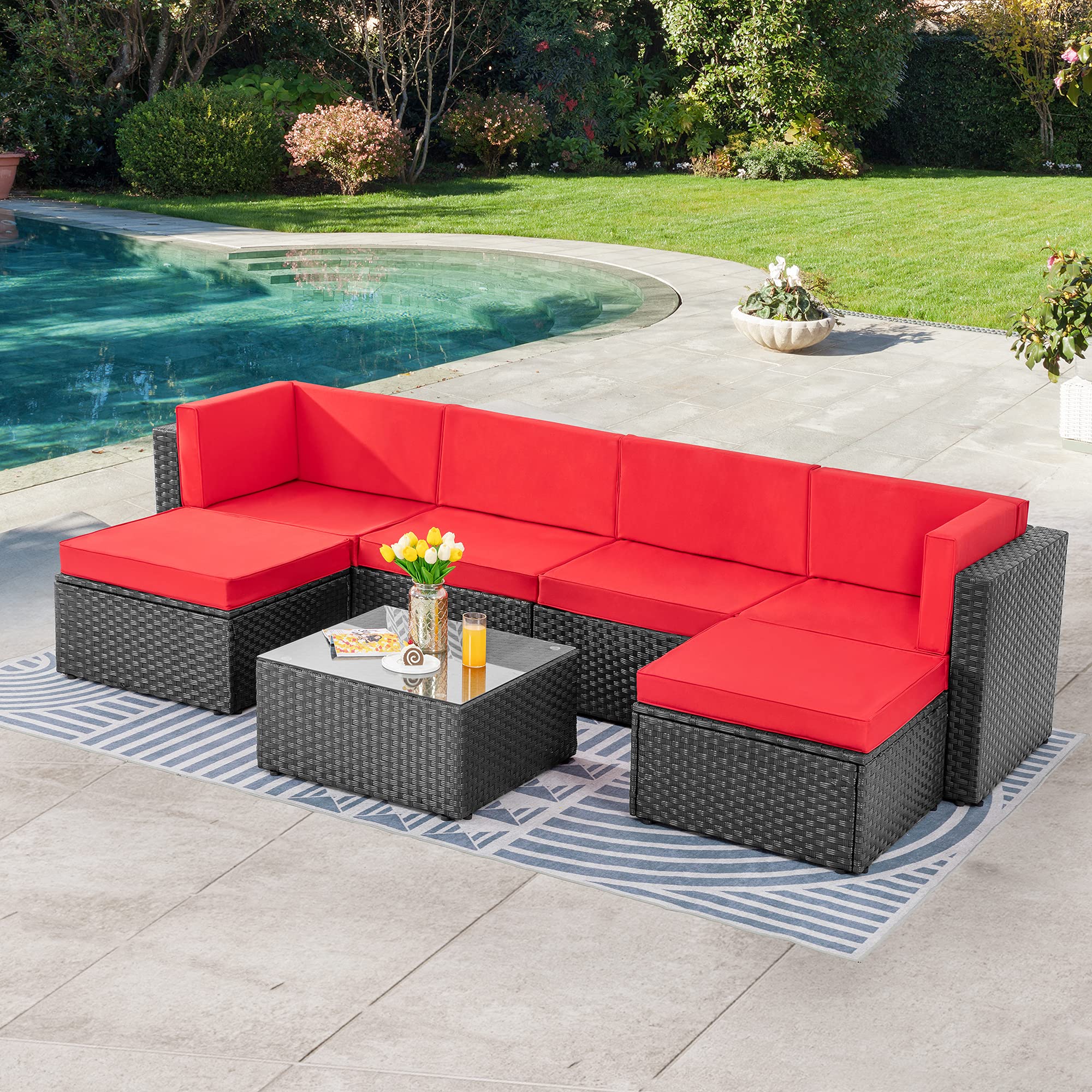 7-Piece Patio Furniture Set - Outdoor Sectional Sofa with Coffee Table & Ottoman, Black Rattan & Red Cushions - Perfect for Backyard, Garden, Poolside & Deck Relaxation