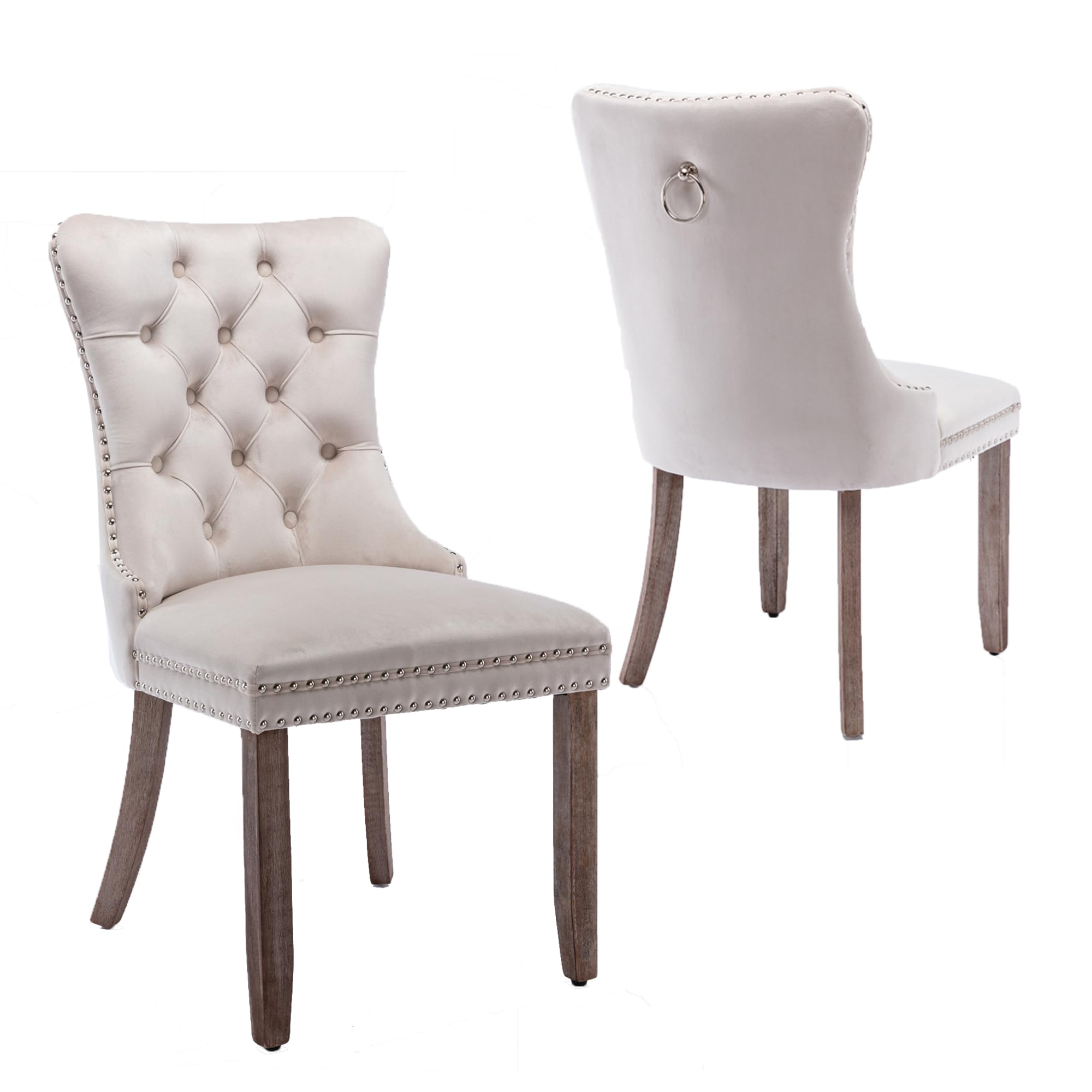 Luxury Velvet Upholstered Dining Chairs - Contemporary Button Tufted Design with Nailhead Trim & Wood Legs - Elegant Kitchen & Dining Room Furniture Set of 2 (Beige) - Perfect for Formal Dining, Entertaining Guests & Modern Home Decor