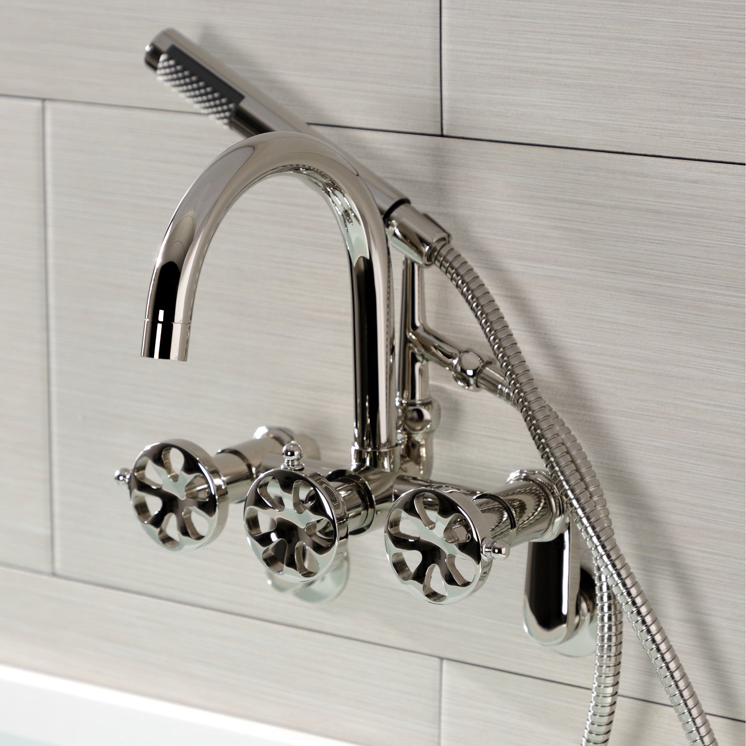 Belknap AE8156RX 3-Handle 2-Hole Wall Mount Clawfoot Bathtub Faucet with Hand Shower in Polished Nickel - Vintage Style Tub Fixture for Bathroom Renovation & Luxury Spa Experience