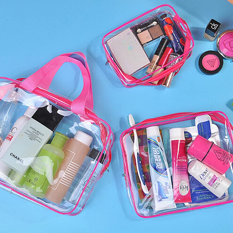 3 in 1 Clear Toiletry Bag with Zipper - Waterproof PVC Travel Cosmetic Organizer for Makeup & Toiletries - Transparent Wash Bag for Luggage, Gym, Camping & Air Travel - 3 Pack (Pink)