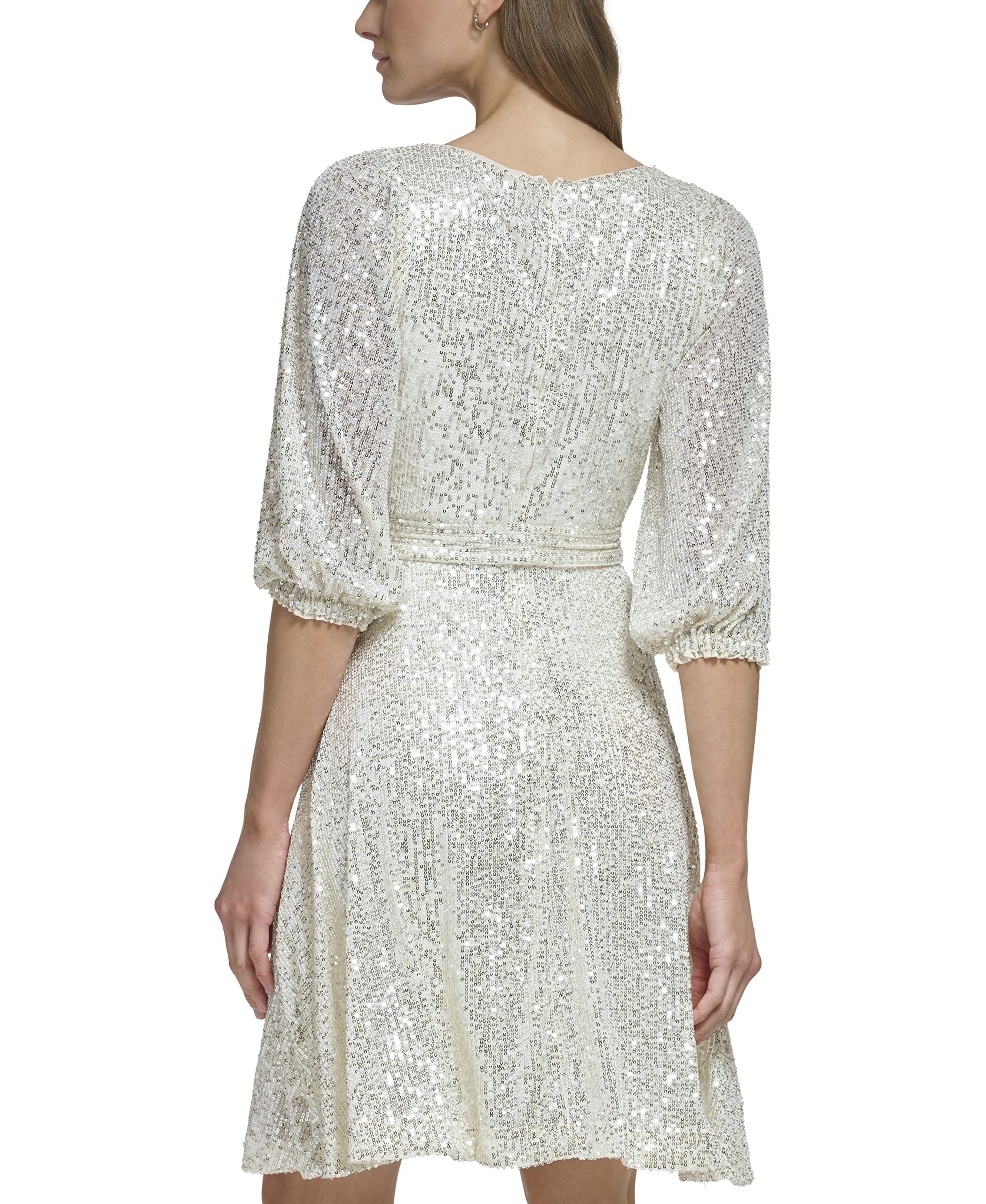 DKNY Women's Long Sleeve Sequin Surplice Faux Wrap Blouse - Elegant Party Top for Evening Events, Date Nights & Special Occasions