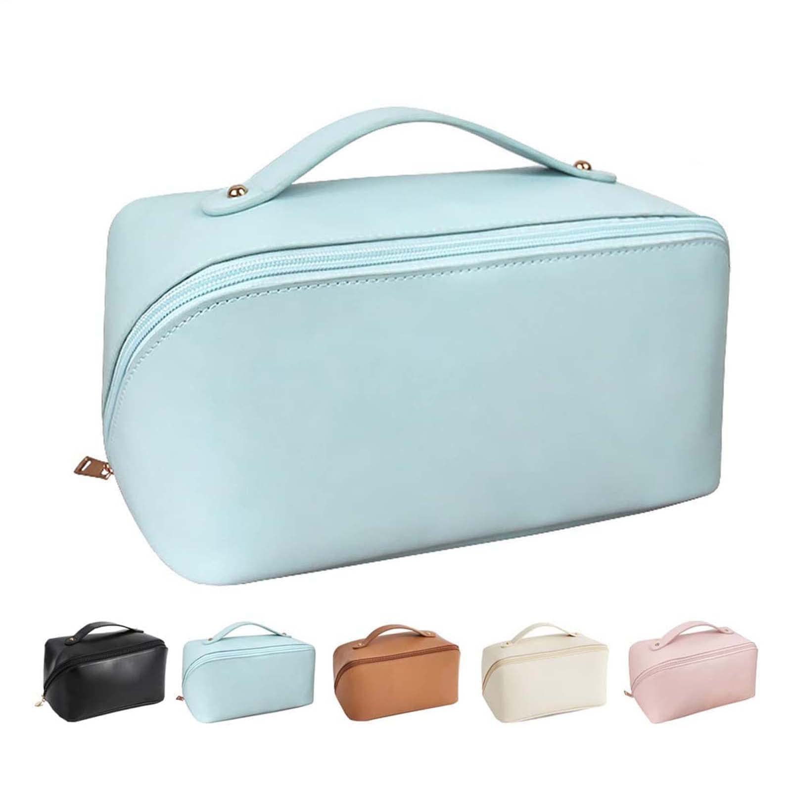 Premium Large Capacity Travel Cosmetic Bag - 2022 Upgraded Waterproof Leather Makeup Organizer with Handle & Dividers | Multi-Functional Storage for Toiletries, Makeup & Skincare | Perfect for Travel, Gym, Daily Use & Gifts (Blue)