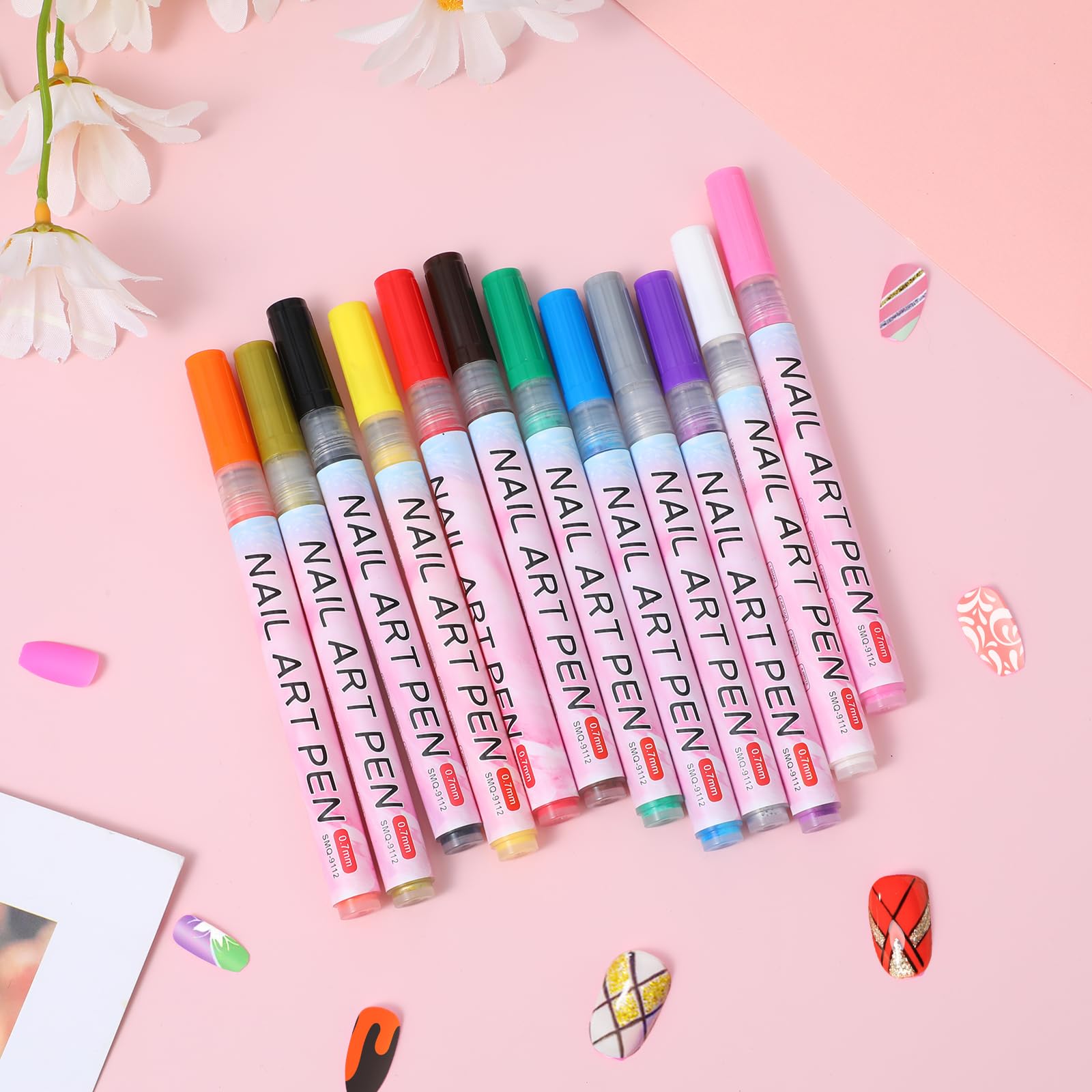 12 Colors Nail Art Drawing Pen Set - Waterproof, Quick Dry Nail Polish Pens for DIY Abstract Lines & Detail Designs (0.7mm Plastic Nib) - Perfect for Manicures, Nail Art, Salon Use & Home Beauty Care