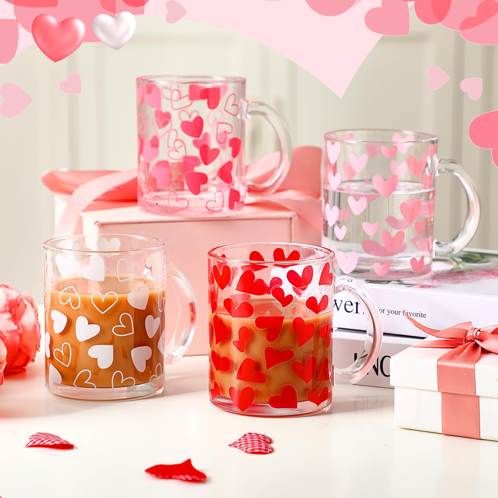 Tioncy 4-Piece Valentine's Day Coffee Mugs Set - 12 oz Heart-Shaped Glass Cups with Handle, Romantic Love Heart Coffee Mugs for Couples, Perfect Sweet Valentine's Gifts for Her/Him, Ideal for Valentine's Day Parties, Anniversaries & Romantic Breakfast in Bed