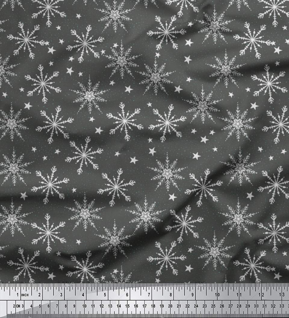 Soimoi Moss Georgette Gray Fabric by The Yard - 42 Inch Wide Printed Fabric with Snowflakes & Stars Pattern for Winter Dresses, Scarves & Home Decor