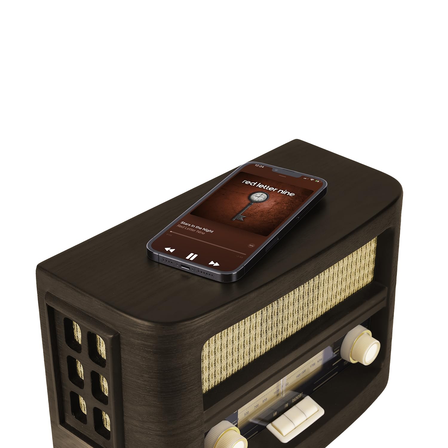 Vintage Wood Retro Bluetooth Speaker with Wireless Charging Pad | AM/FM Radio | AUX Input | Handcrafted Ashtree Wood | Mid Century Modern Design for Home, Office & Outdoor Use
