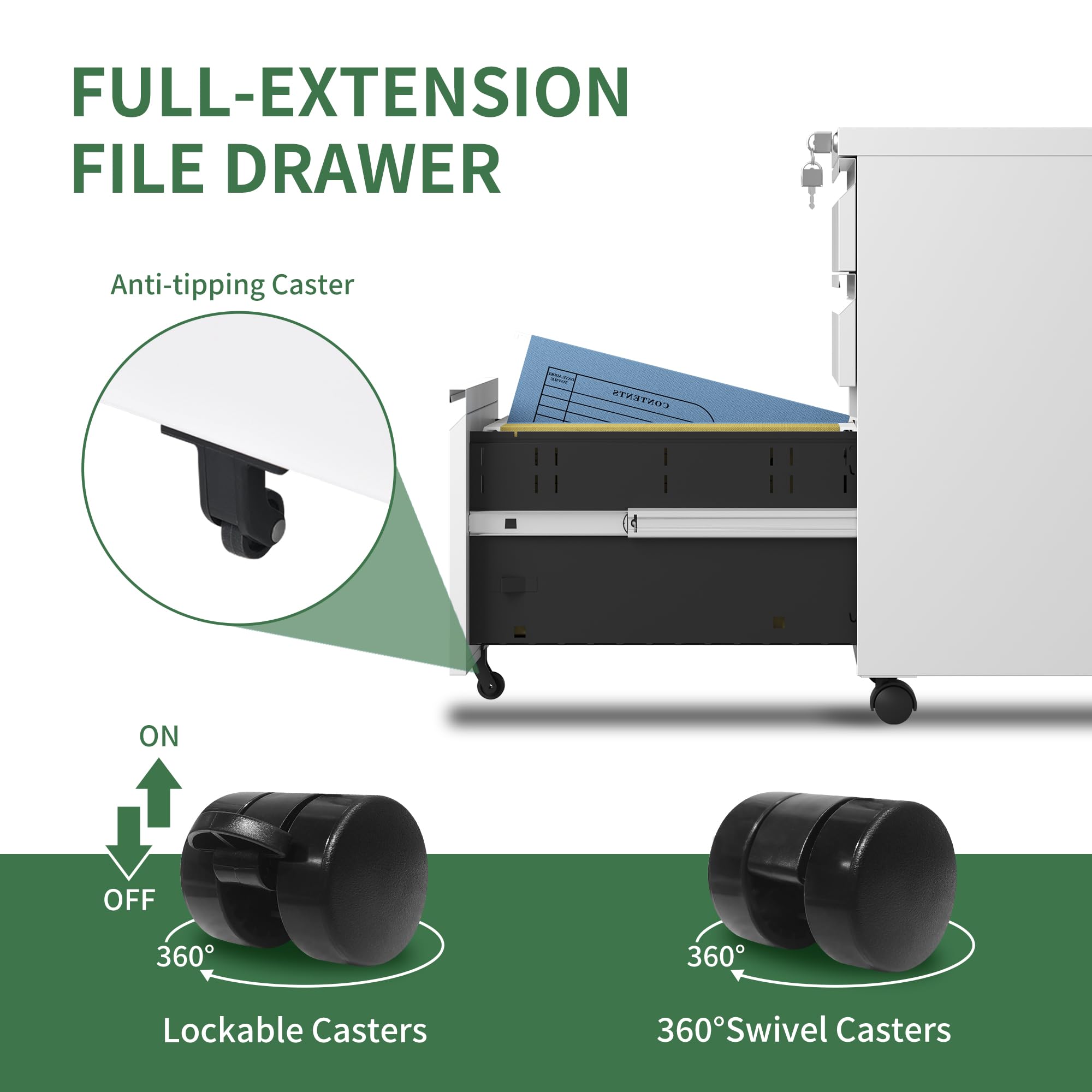 3 Drawer Mobile File Cabinet with Lock & Wheels - Metal Under Desk Rolling Storage for Legal/Letter Hanging Folders - Fully Assembled White Office Organizer for Home, Business & School Use