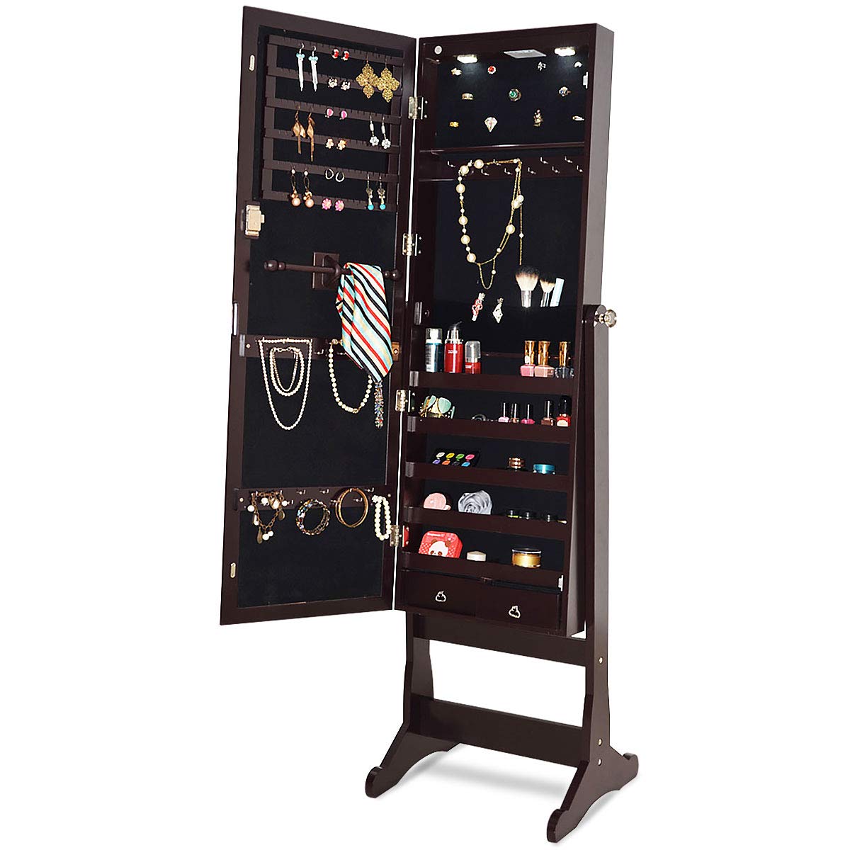 HOMGX Adjustable Full Length Mirror Jewelry Cabinet with LED Lights - 2 Drawers, Bracelet Hooks & Lockable Design - Large Capacity Standing Armoire Organizer for Necklaces, Rings & Accessories - Perfect for Bedroom, Dressing Room & Closet Organization (Brown)