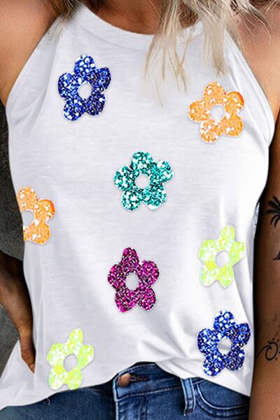 Sparkly Sequin Flower Grecian Neck Tank Top for Women - Elegant Party Wear, Club Outfit & Special Occasion Dresses