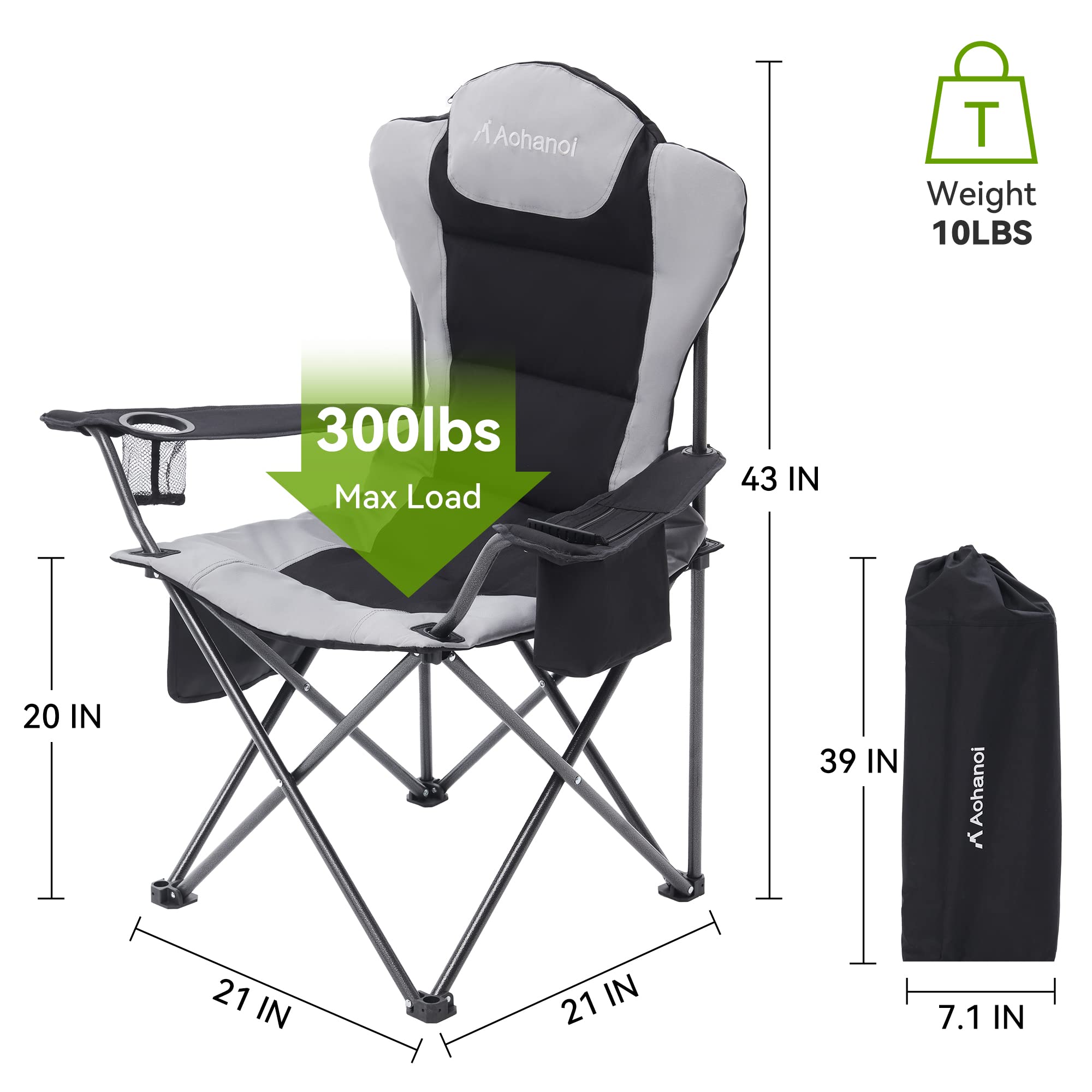 **Heavy Duty Camping Chairs for Adults - 300lbs Capacity Folding Outdoor Chairs with Cup Holder & Cooler Bag - Portable & Sturdy for Camping, Beach, Picnics, Backyard, and Tailgating (Black, 1 Pack)**