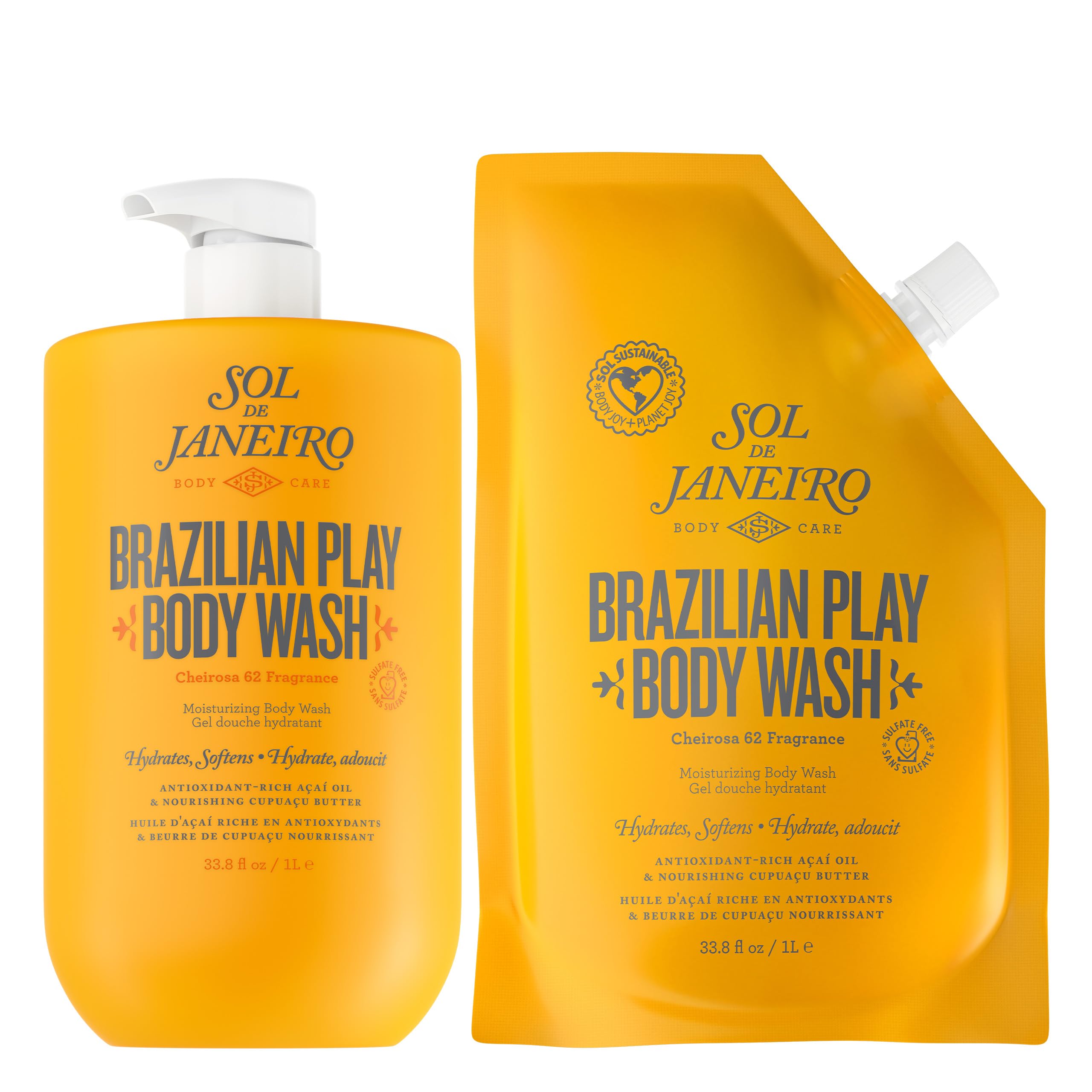 SOL DE JANEIRO Brazilian Bum Bum Cream Moisturizing Shower Gel Body Wash 1L with 1L Refill Pouch - Coconut & Vanilla Scent, Hydrating & Nourishing for Soft Skin | Amazon Exclusive | Perfect for Spa Day, Vacation & Daily Self-Care Routine