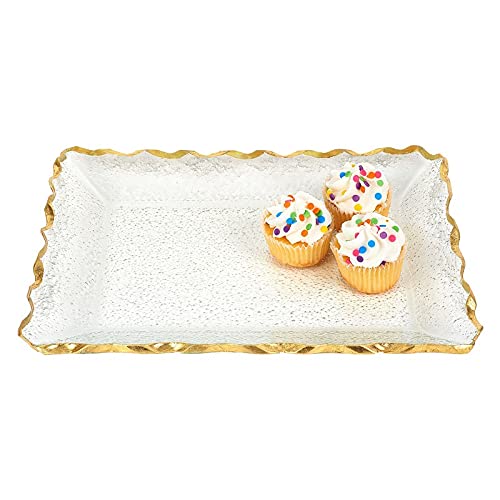 HomeRoots Bubble Glass Scalloped Gold Rim Rectangular Serving Platter - Elegant Appetizer Tray for Parties, Weddings & Home Decor