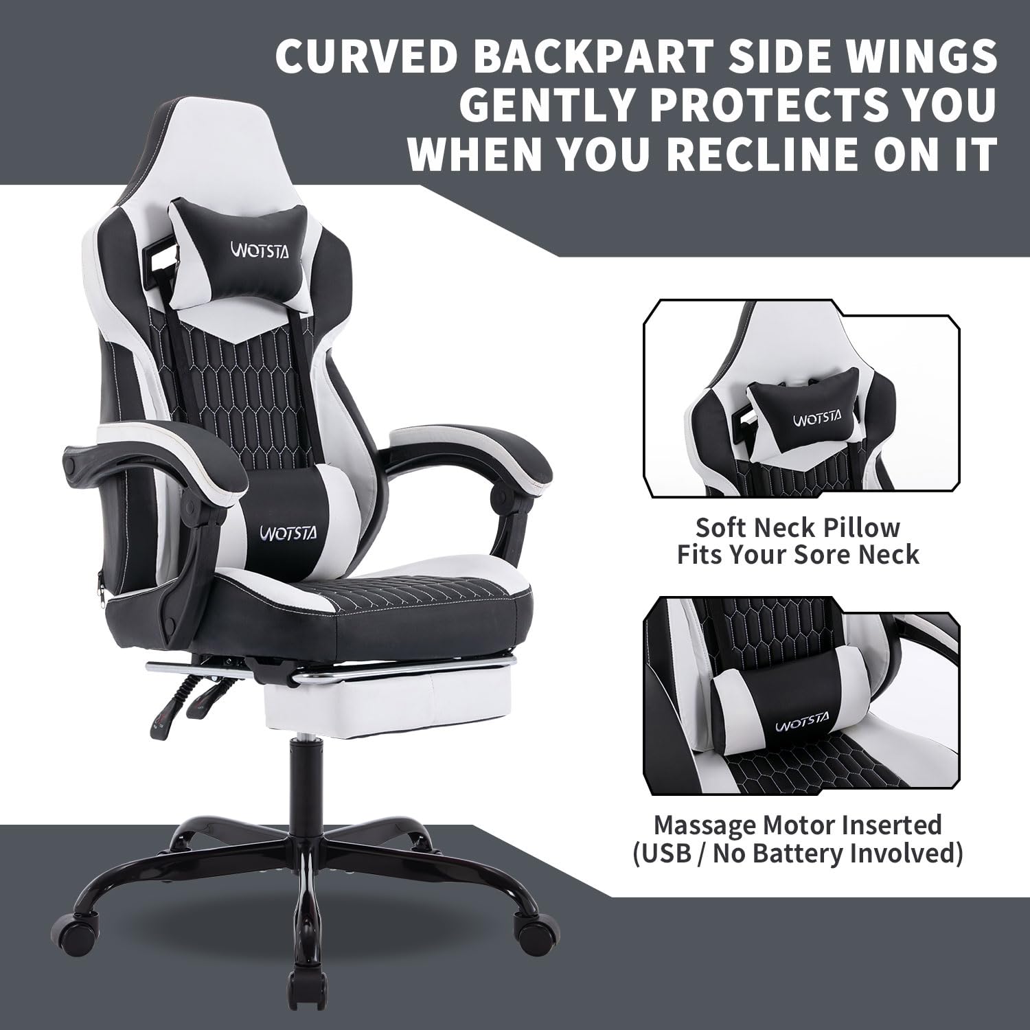 Premium Ergonomic Gaming Chair with Adjustable Footrest & Lumbar Support - High Back Racing Style PC/Office Chair with Headrest - PU Leather Video Game Chair for Home & Work (Black/White) - Perfect for Long Gaming Sessions, Streaming & Remote Work