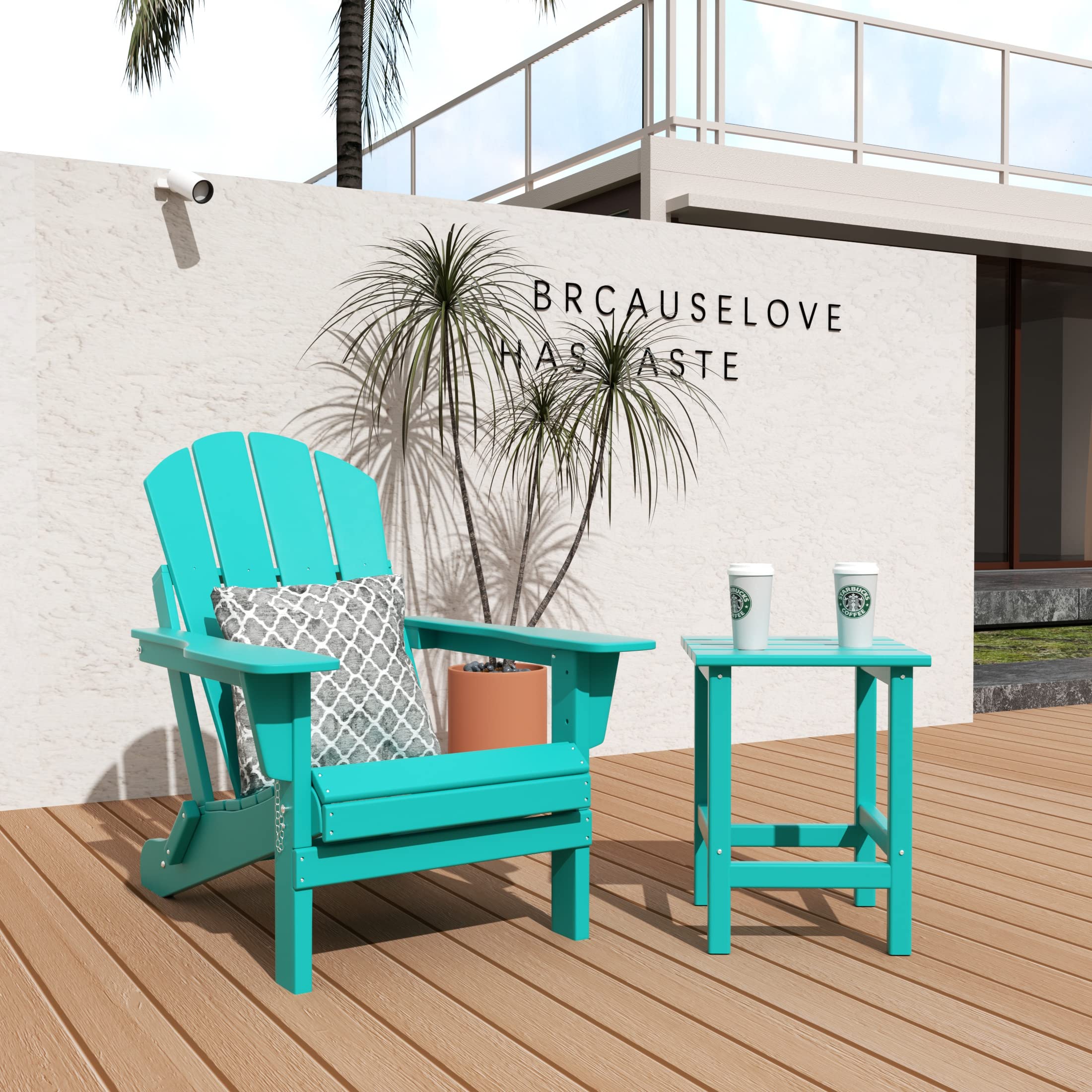 WO Home Furniture 2-Piece Adirondack Chair Set with Side Table - Outdoor Folding Chairs Weatherproof & UV Resistant for Patio, Garden, Camping, Beach, Backyard (Turquoise) - Perfect for Relaxing, Sunbathing and Outdoor Gatherings