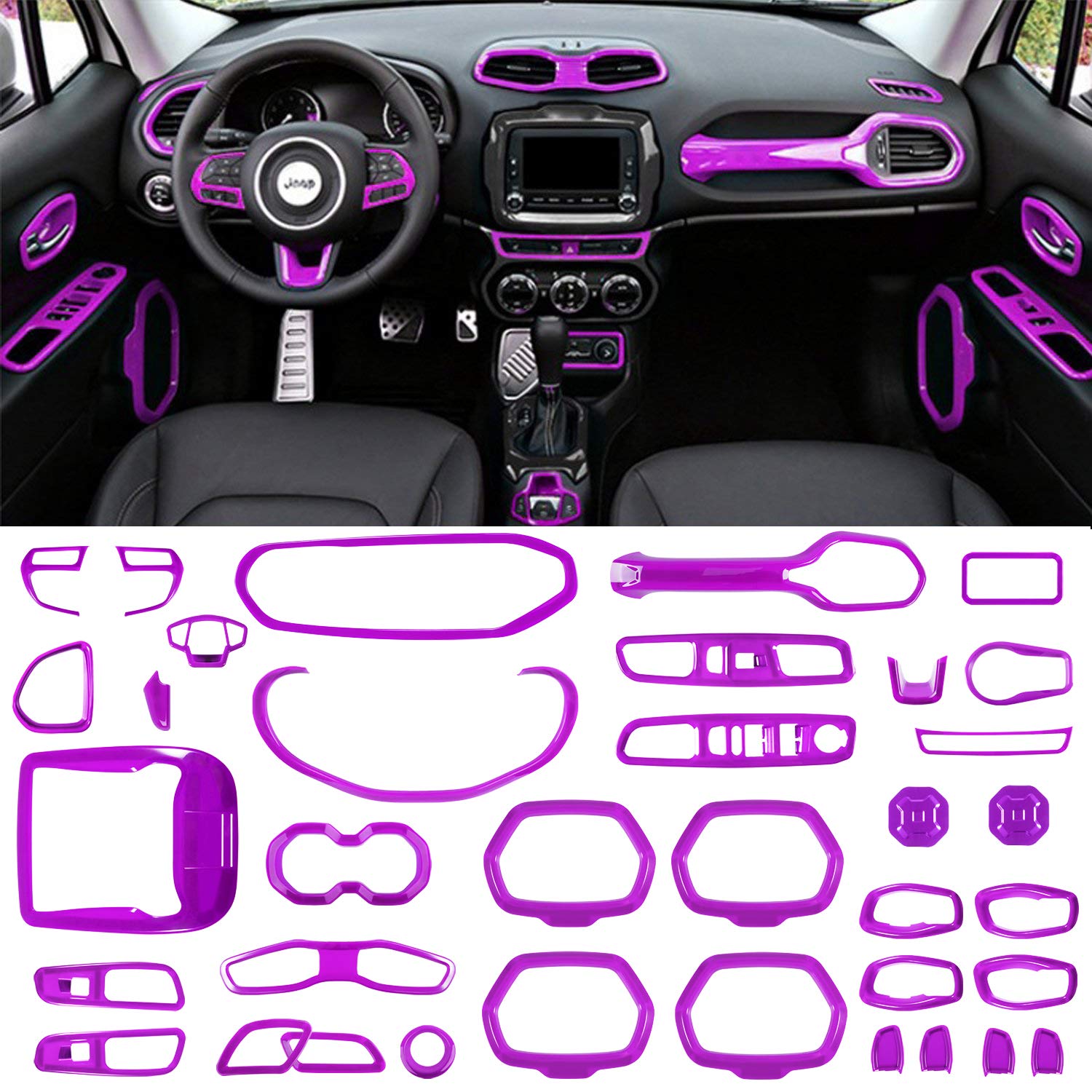 36Pcs Car Interior Accessories Kit for Jeep Renegade 2015-2021 - AC Vent Covers, Door Speaker Grilles, Cup Holder Inserts, Headlight Switch & Window Button Protectors - Purple Auto Decor Upgrade for Enhanced Style & Protection