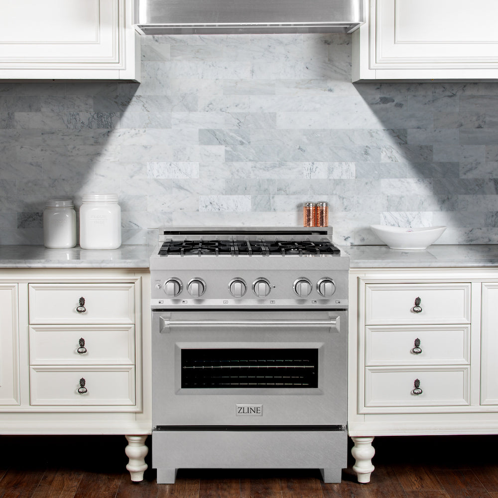 ZLINE 30 Inch 4.0 cu ft Dual Fuel Range - 4 Burner Gas Cooktop & Electric Convection Oven in Satin Stainless Steel (RAS SN 30) | Perfect for Modern Kitchens & Professional Cooking