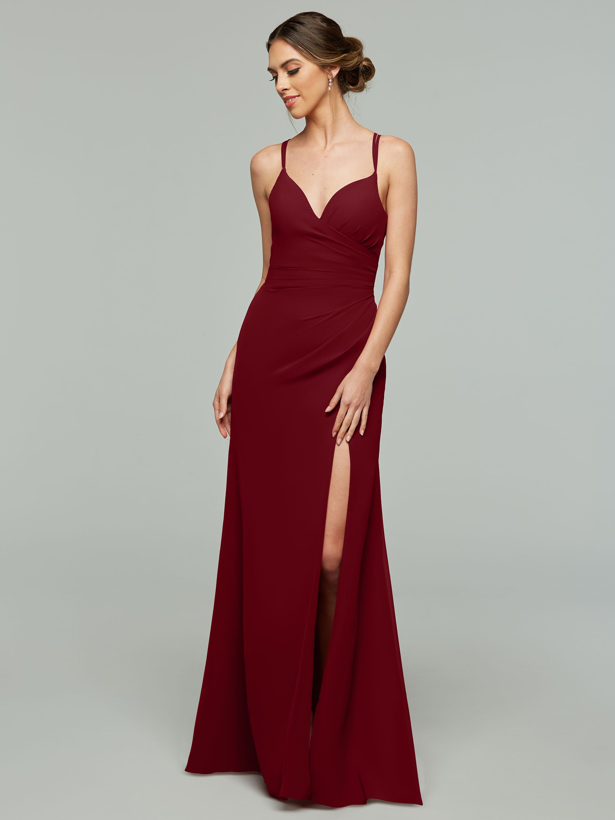 Elegant 80130 Chiffon Sheath Bridesmaid Dress - V Neck & High Slit Design for Wedding Party, Formal Events & Special Occasions