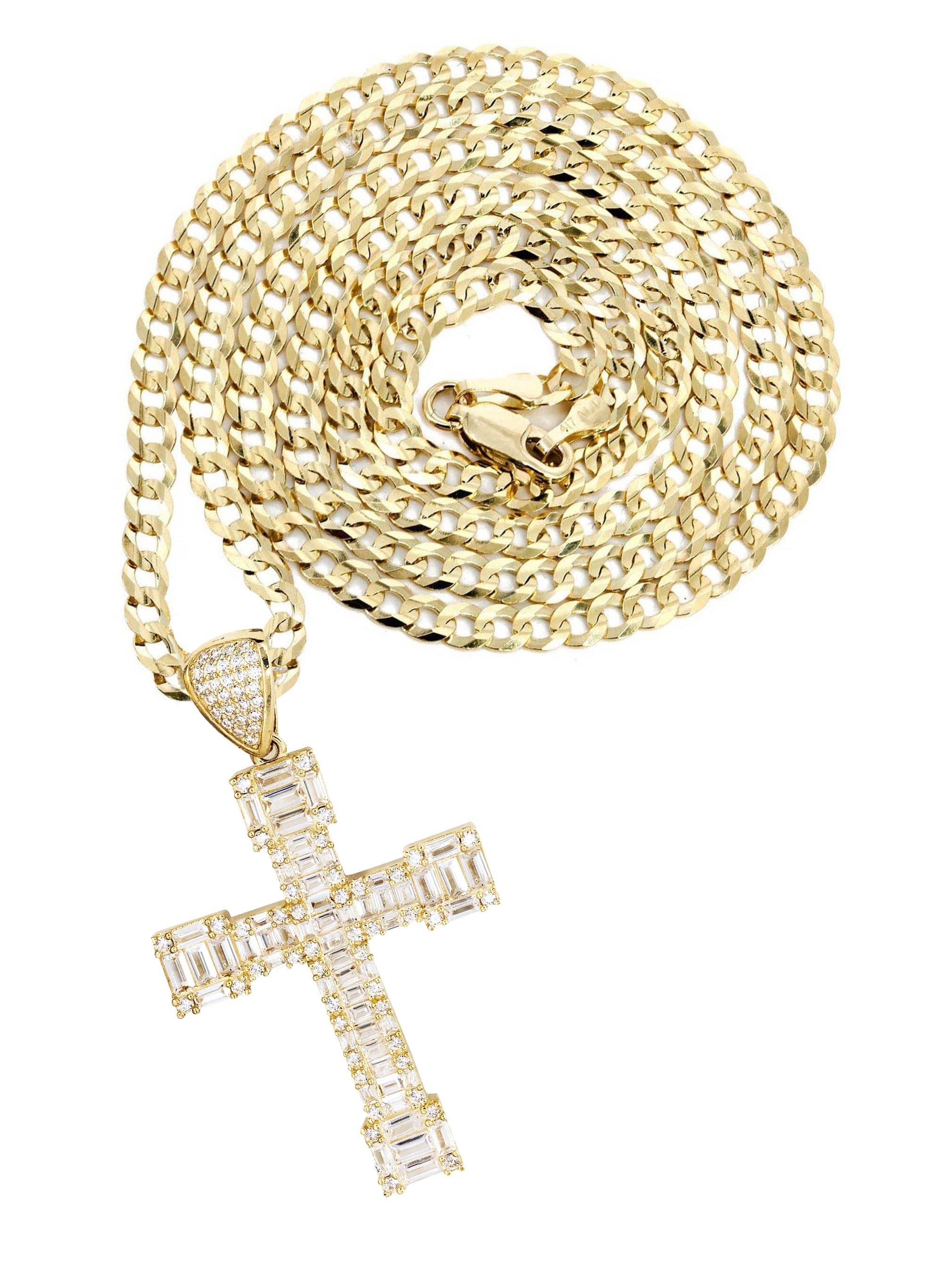 10K Yellow Gold Baguette Cross Pendant Necklace for Women - 14.7 Grams Fine Jewelry - Perfect for Daily Wear, Gifts & Religious Occasions