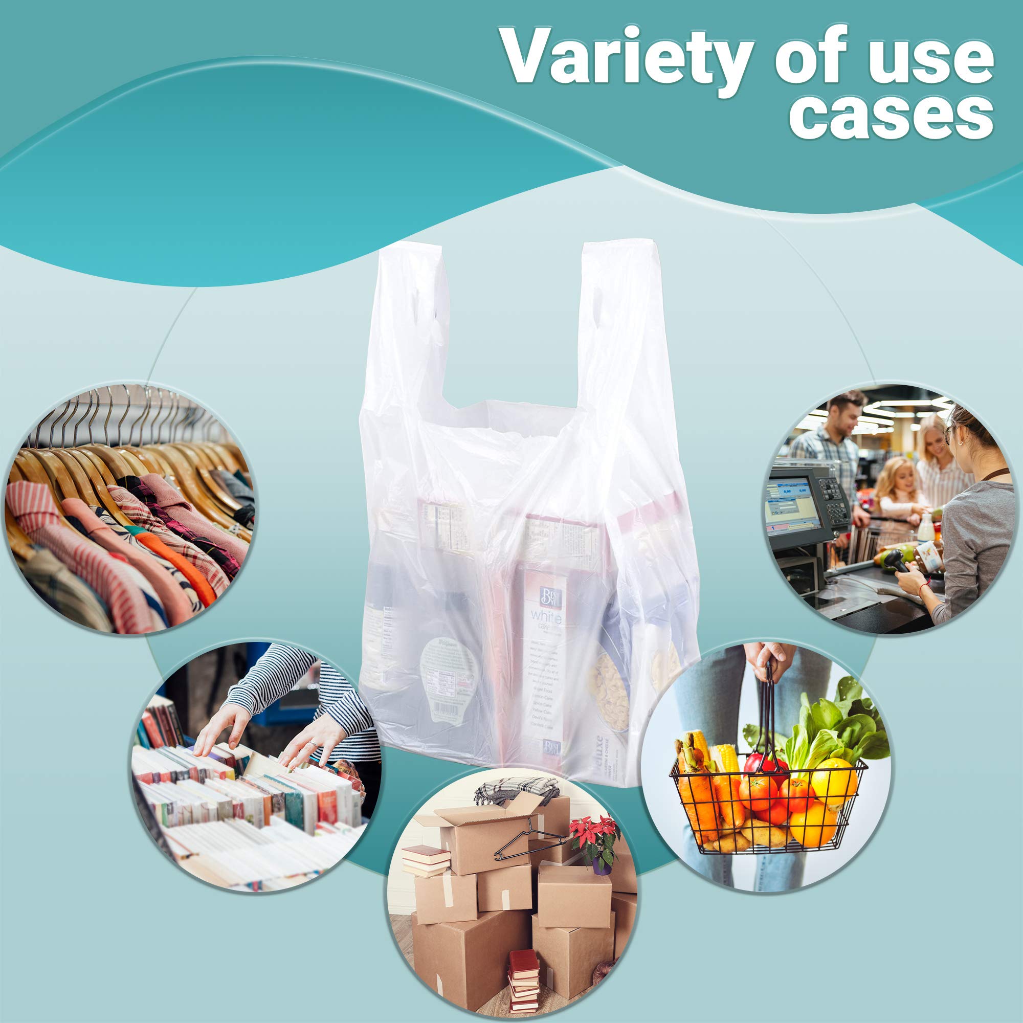 500 Pack White T-Shirt Plastic Bags 14x10x27 Inches - 0.75 Mil Ultra Thin Polyethylene Carry Out Bags with Handles for Retail Stores, Restaurants & Grocery Shopping | Perfect for Takeout, Retail Packaging & Bulk Storage