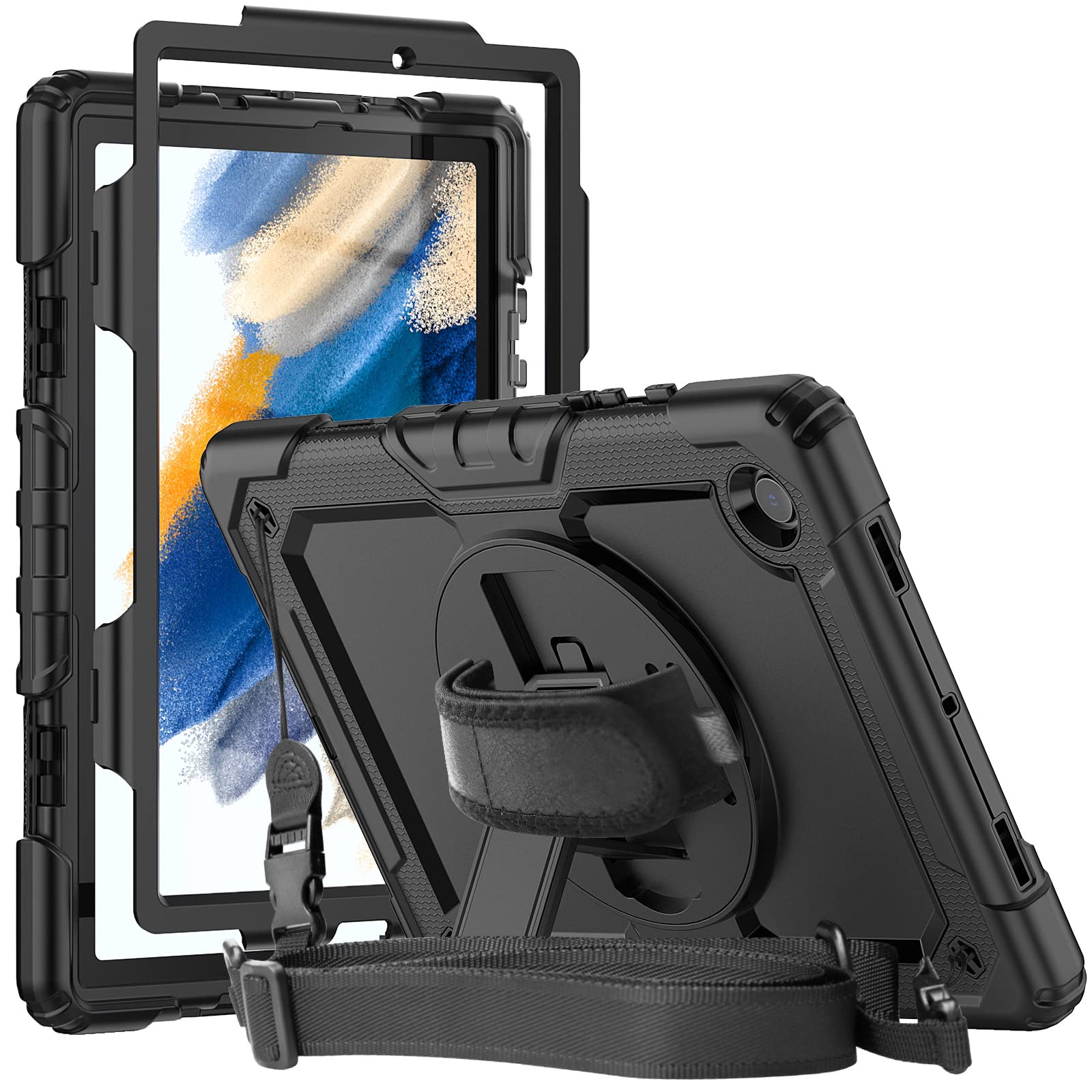 Samsung Galaxy Tab A8 Case 10.5 Inch 2022 (SM-X200/SM-X205/SM-X207) - Heavy Duty Protective Cover with Built-in Stand, Screen Protector & Pencil Holder | Durable Shockproof Design with Adjustable Hand/Shoulder Strap | Perfect for Work, Travel & School Use (Black)