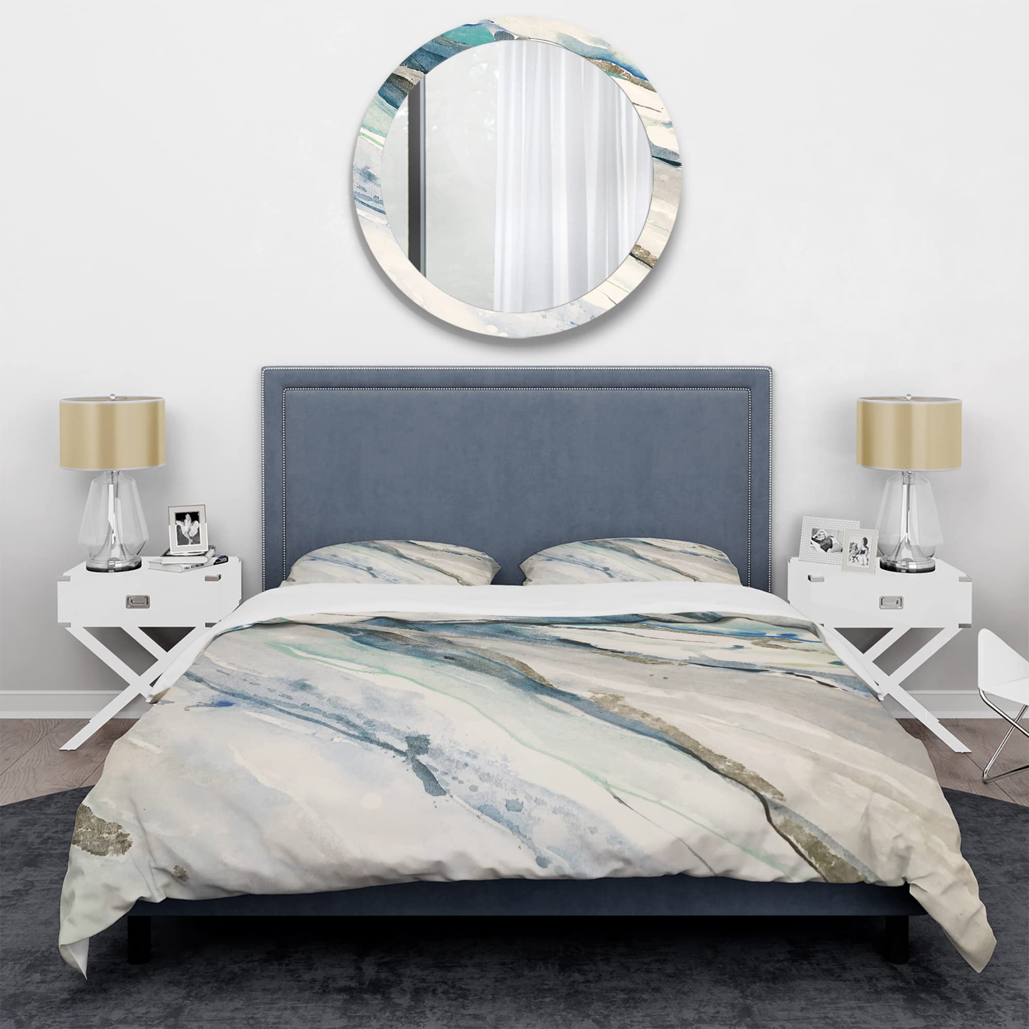 Modern Blue Silver Spring Duvet Cover King - 3pc Cottage Bedding Set for All Seasons