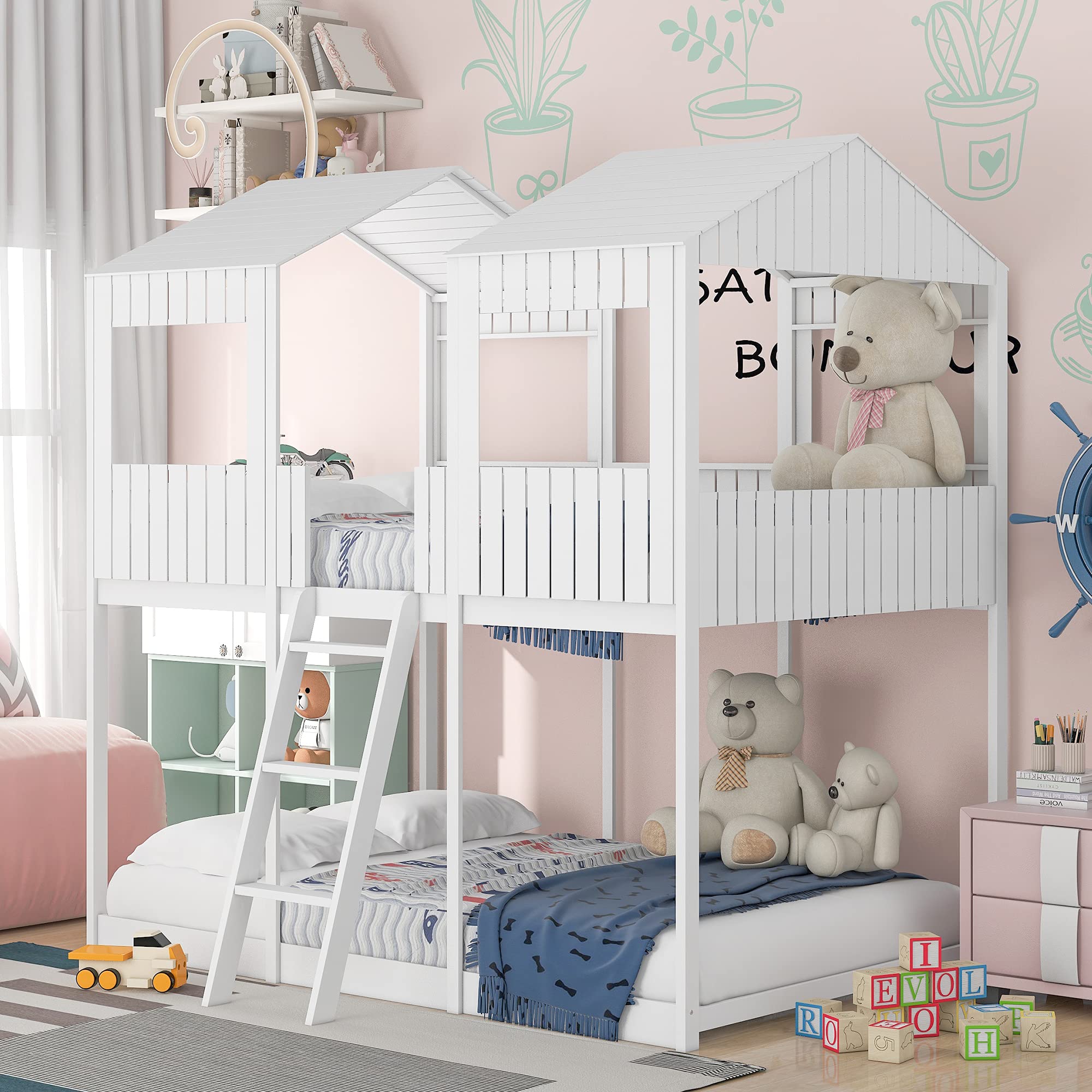 LZ LEISURE ZONE Full Over Full Bunk Bed - Solid Wood Loft Bed with Roof, Window, Guardrail & Ladder - White Space-Saving Bedroom Furniture for Kids, Teens & Guest Rooms