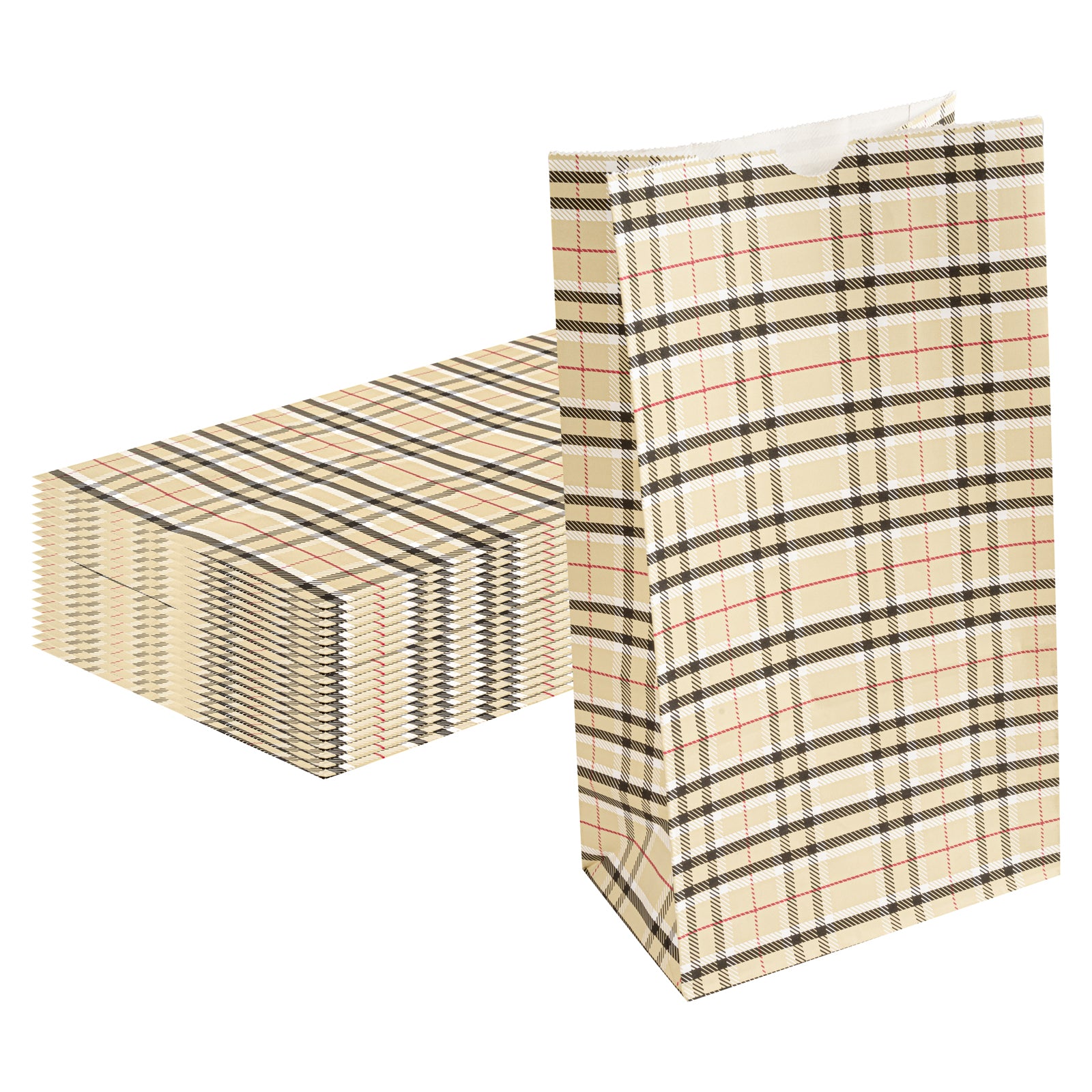 Eco-Friendly Plaid Paper Bags 12 lb - 7 x 4.25 x 12.5 Inches - Pack of 100 - Perfect for Retail Shopping, Gift Wrapping & Party Favors