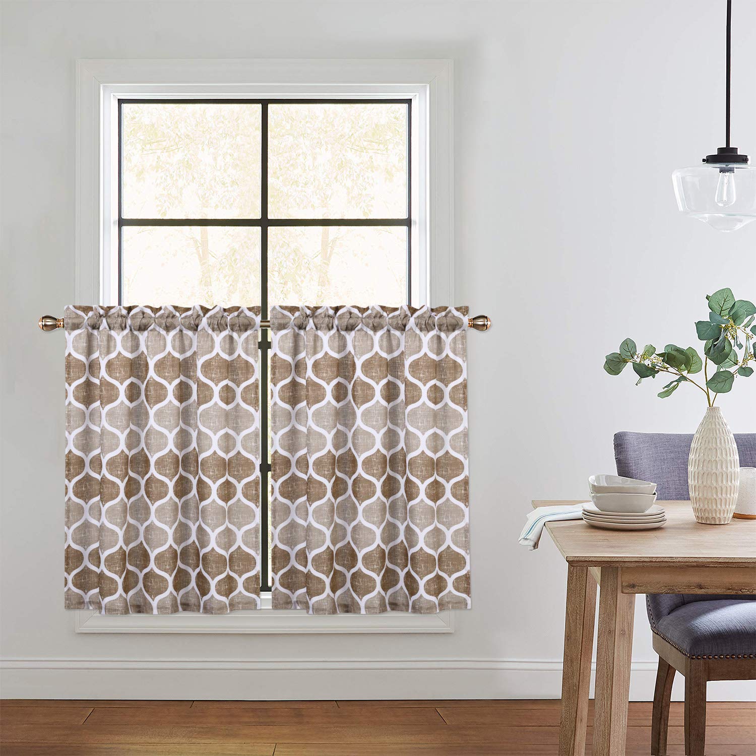 CAROMIO 36 Inch Geometric Printed Cafe Curtains - Brown/Taupe Tier Kitchen Window Treatments for Small Windows & Bathroom Decor | Perfect for Farmhouse, Cottage & Modern Home Styles
