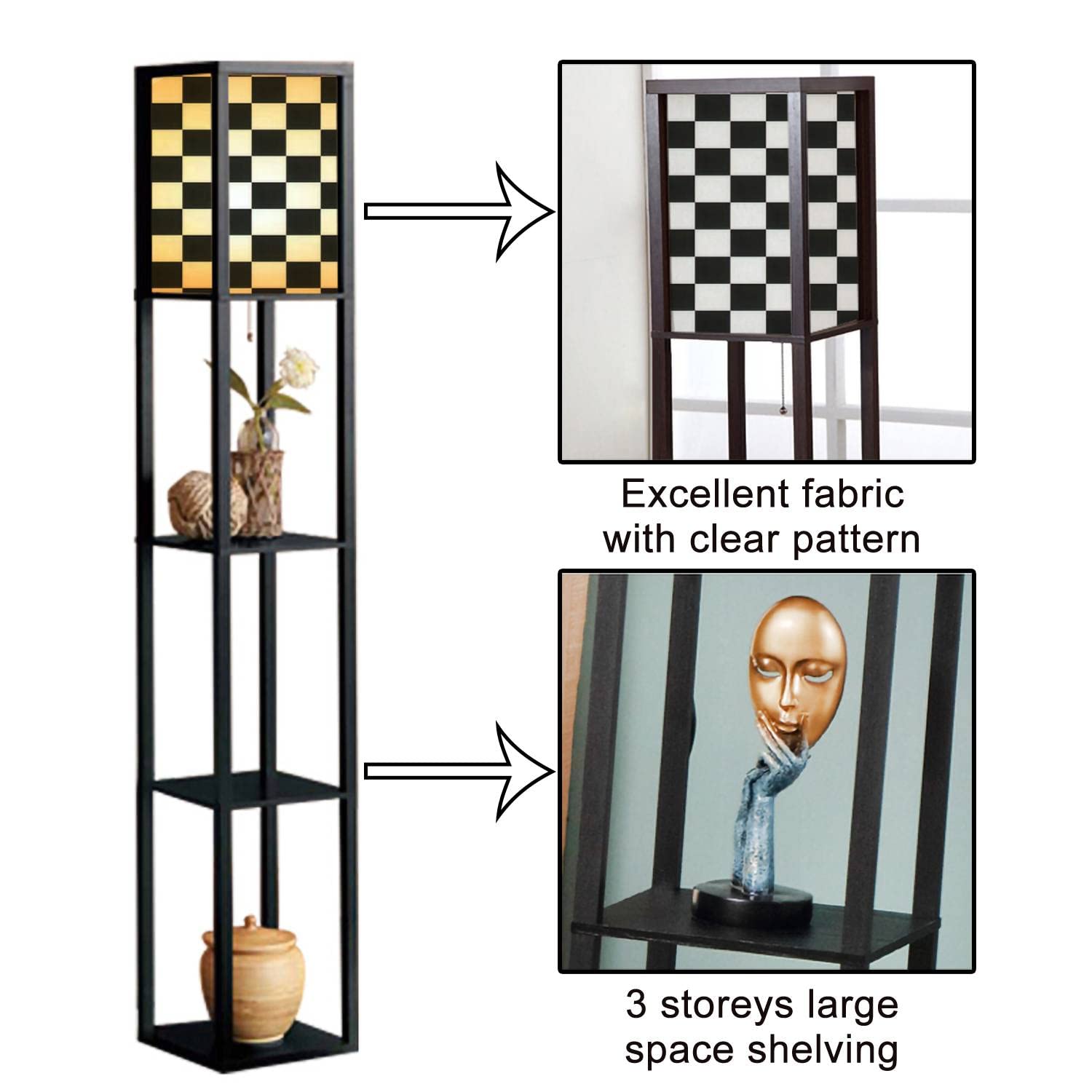 Black and White Checkered Geometric Floor Lamp with Shelves & Flaxen Fabric Shade - Modern Standing Corner Lamp for Living Room, Bedroom - Tall Aesthetic Lighting for Reading Nook, Home Office Decor
