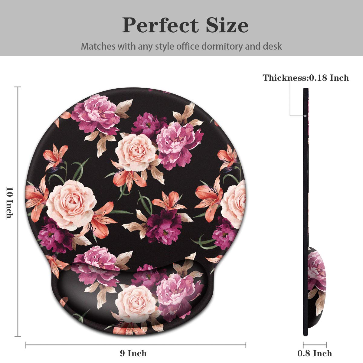 Waveyu Ergonomic Mouse Pad with Wrist Support - Cute Floral Design Non-Slip Rubber Base Mouse Mat for Laptop & Computer (Black Flower Pattern) - Perfect for Office, Gaming & Home Workspace Comfort