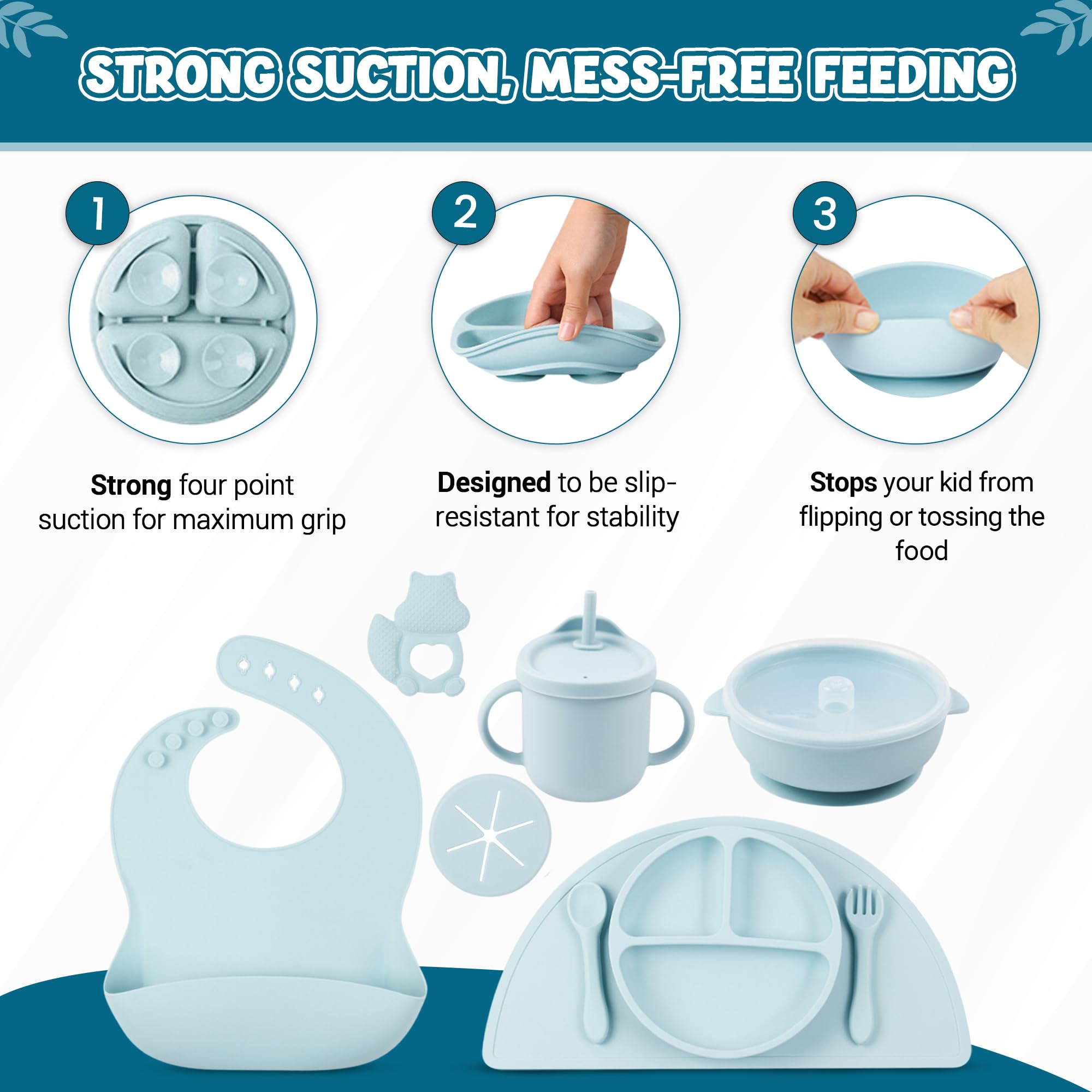 **9-Piece Silicone Baby Feeding Set - Toddler Plates, Bowls, Utensils, Suction Plates, Spill-Proof Sippy Cup & Soft Bib (Blue) - Perfect for Mess-Free Mealtime, Travel & Daycare**