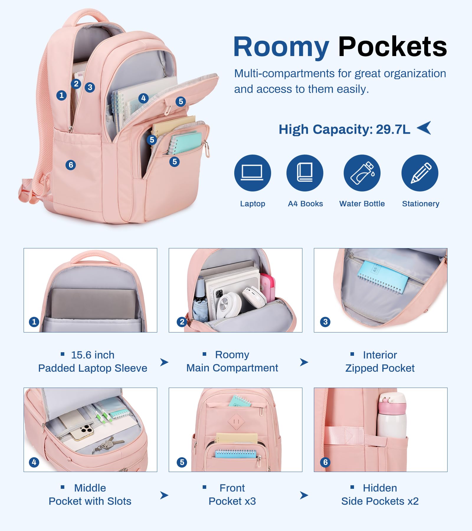 Lightweight Girls School Backpack for Teens - Pink Bookbag with Luggage Strap for College & Travel (Ages 8-18) | Perfect for School, Commuting & Weekend Getaways