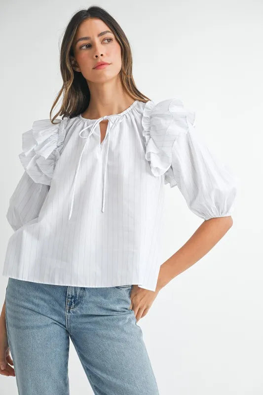 Elegant Stripe Ruffle Shoulder Puff Sleeve Blouse for Women - Trendy Office & Party Wear - Perfect for Work, Date Night & Special Occasions