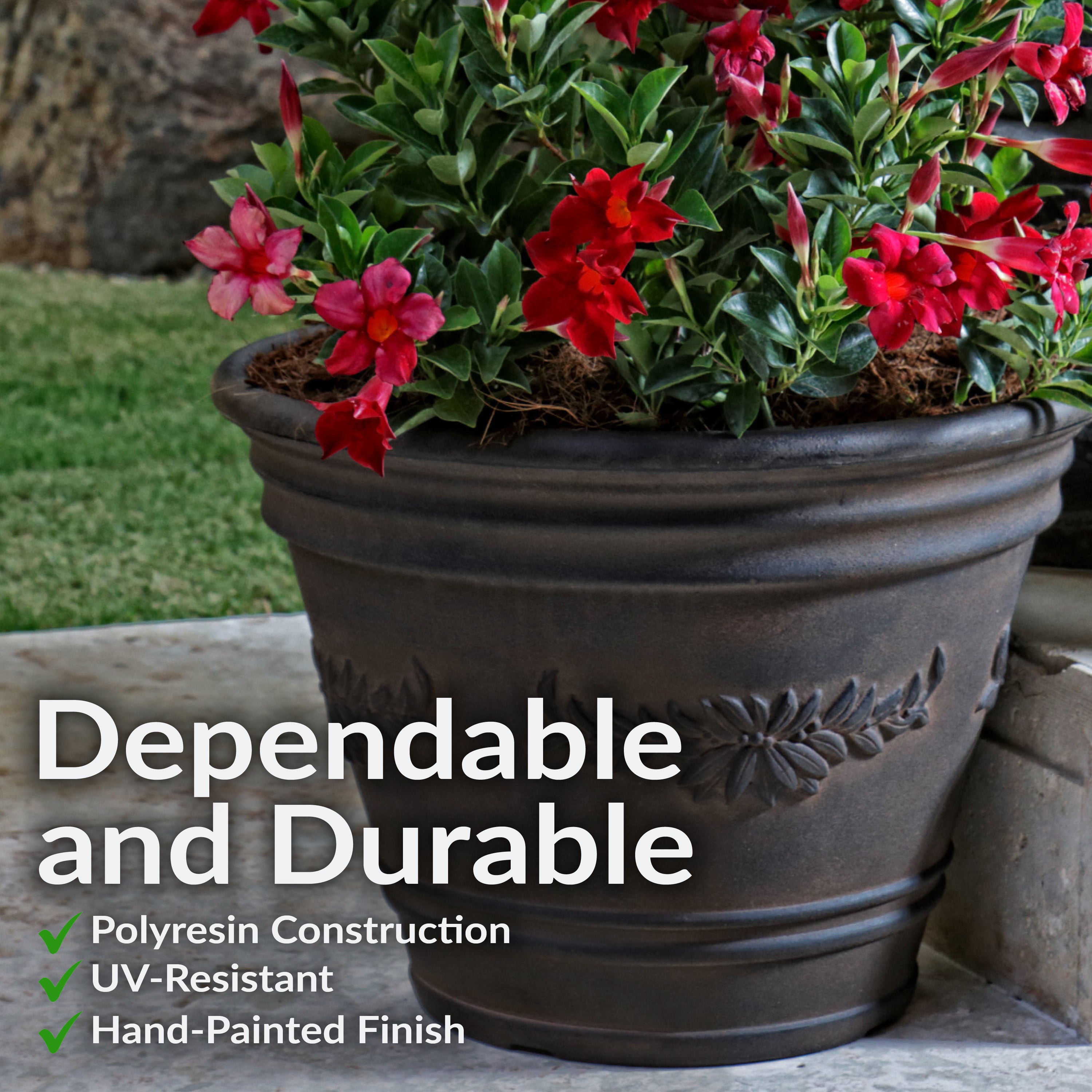 Sunnydaze Laurel Polyresin Outdoor Flower Pot Planter - Rust Resistant Garden Decor for Patio, Balcony & Backyard Landscaping