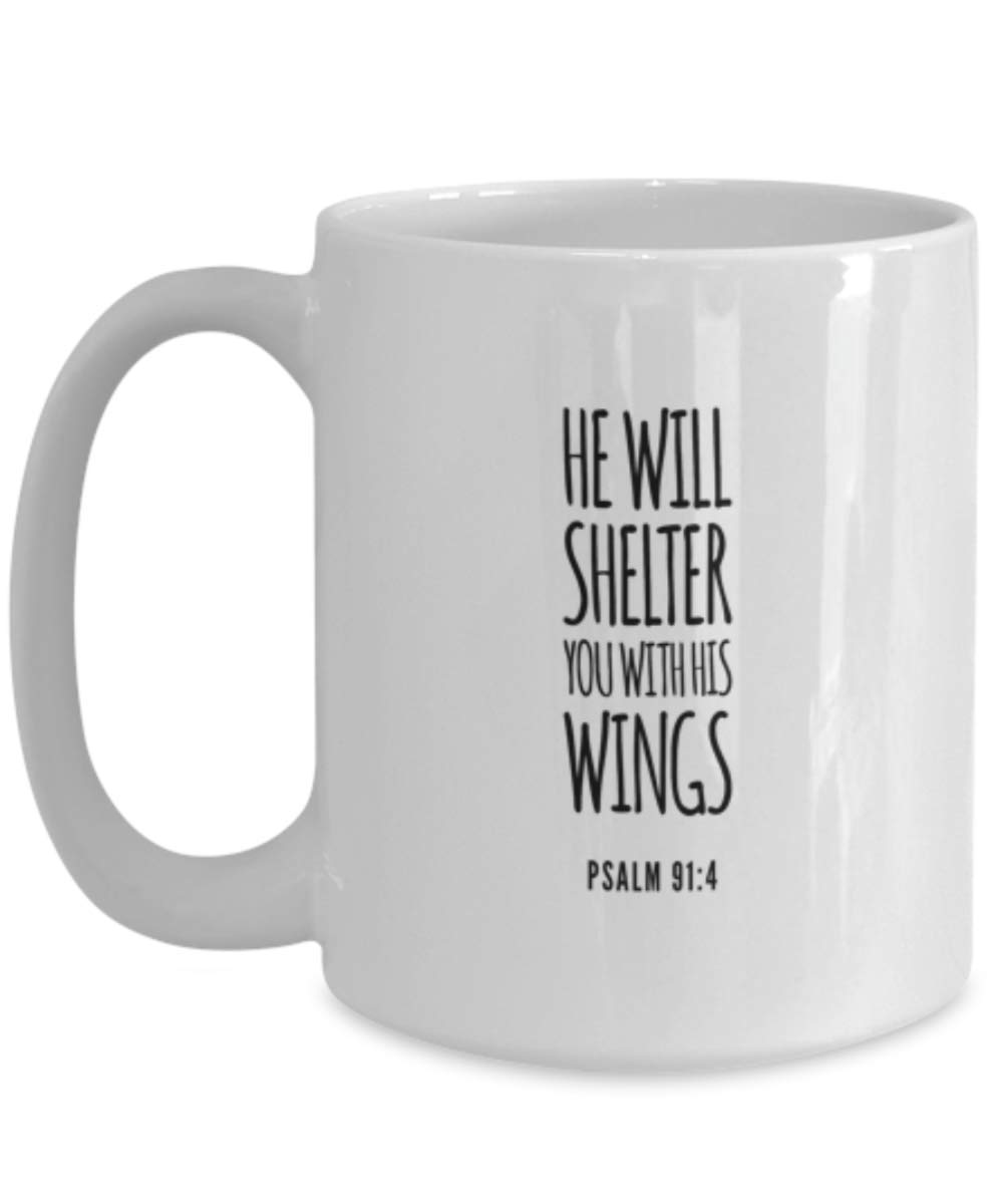 Religious Coffee Mugs for Women - 'He Will Shelter You With His Wings' Inspirational Bible Verse Ceramic Cup - Funny Christian Gift Idea for Mom, Wife, Sister - Perfect for Morning Coffee, Bible Study & Church Gatherings