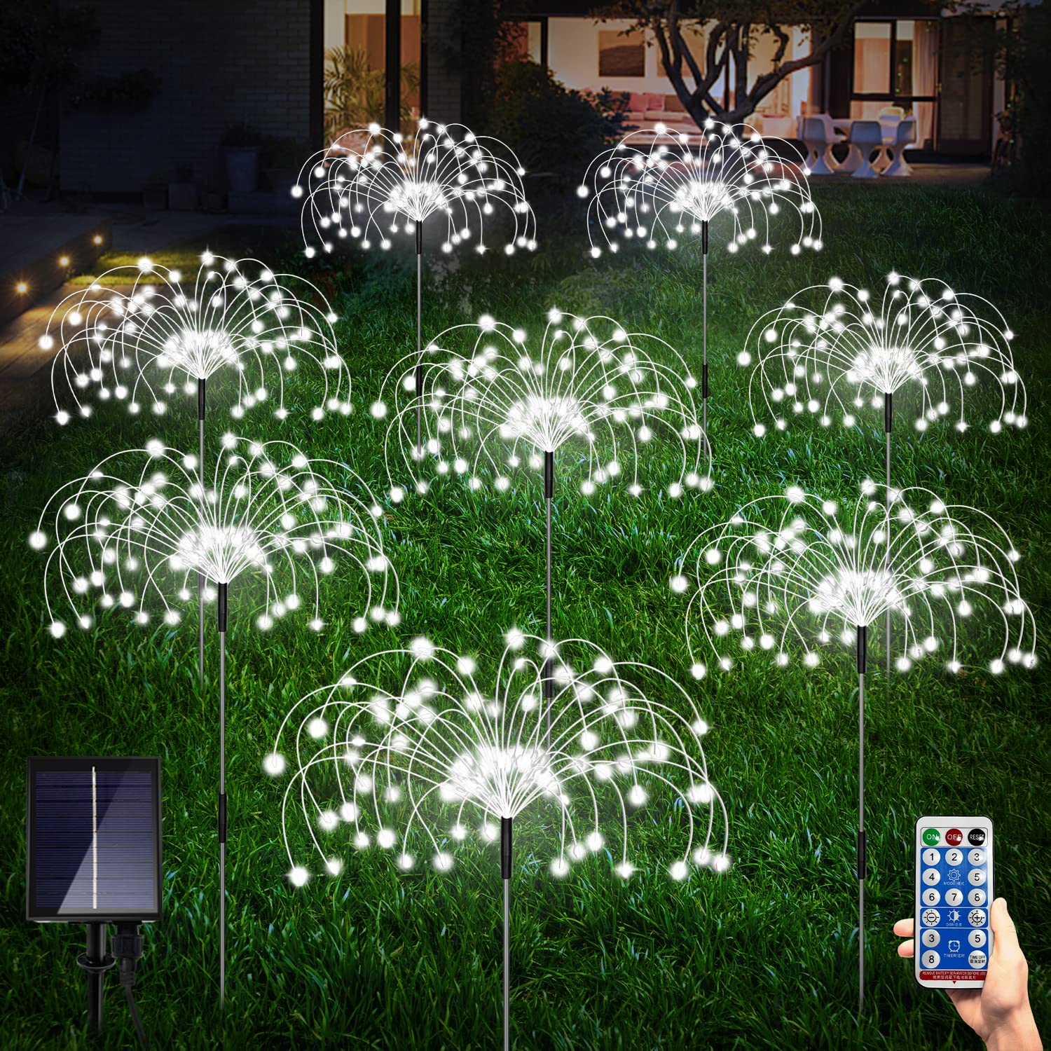 8 Pack Solar Garden Lights Outdoor - Waterproof 120 LED Firework Landscape Lighting with Remote Control, 8 Modes Solar Powered DIY String Lights for Yard, Pathway, Patio, Deck & Garden Decoration (Perfect for Parties, Weddings & Holiday Decor)