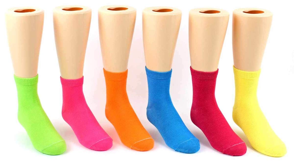 Kids Novelty Crew Socks - 24 Pack Solid Neon Colors (Size 4-6) - Fun & Comfortable School, Sports & Everyday Wear Socks for Boys & Girls
