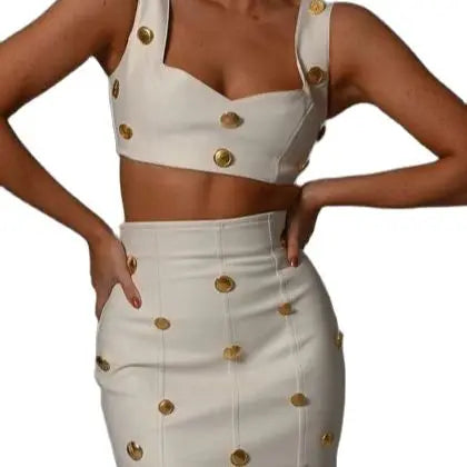2023 New Summer Beige Color Golden Buttons Short Tank Top And Mini Skirt Set 2 Pieces Hotsweet Woman Evening Party Outfit | Casual Beachwear & Summer Date Night Outfit for Women
