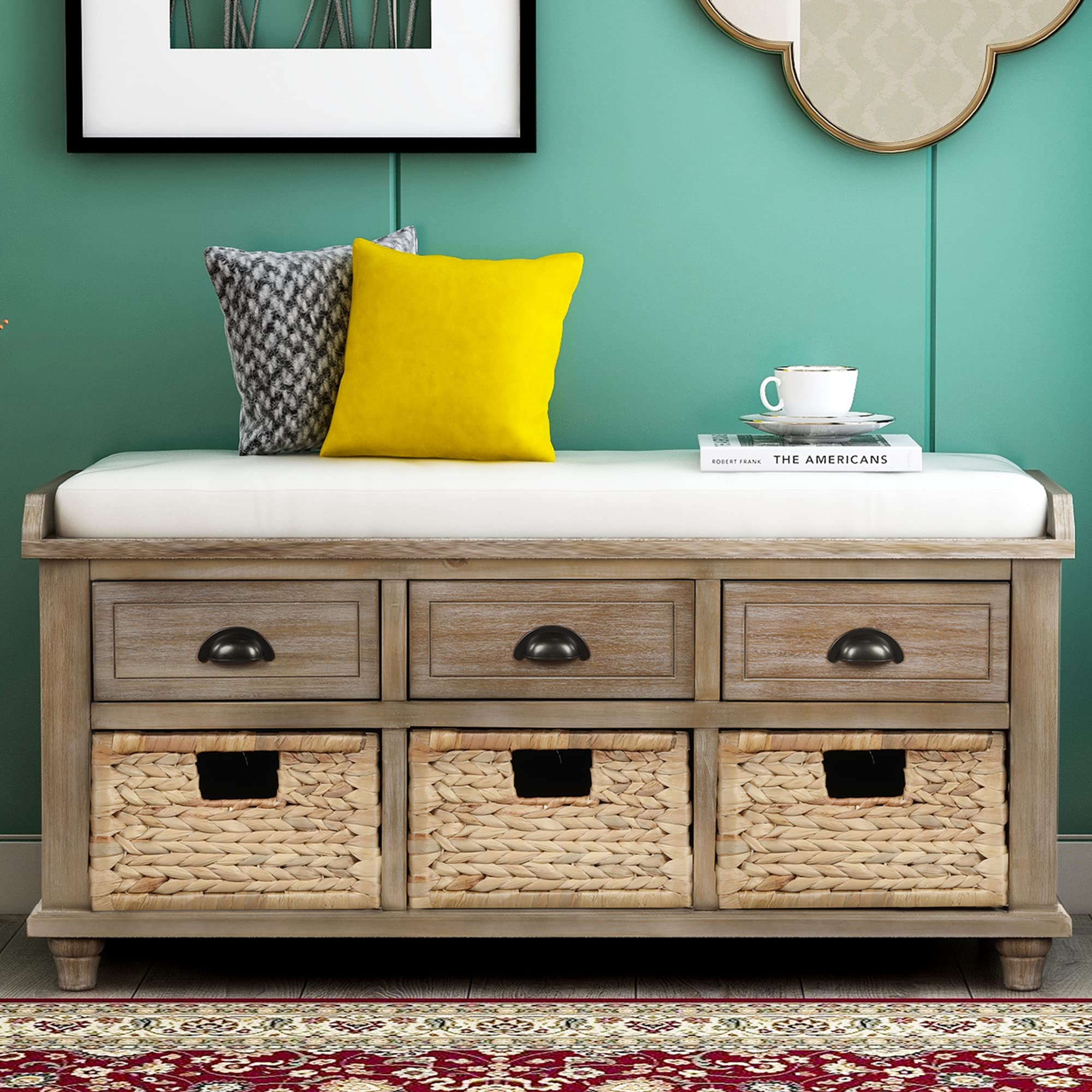 Rustic White Washed Wood Entryway Bench with Storage - 3 Drawers & 3 Rattan Baskets, Removable Cushion - Perfect for Bedroom, Living Room, Hallway & Entryway Organization