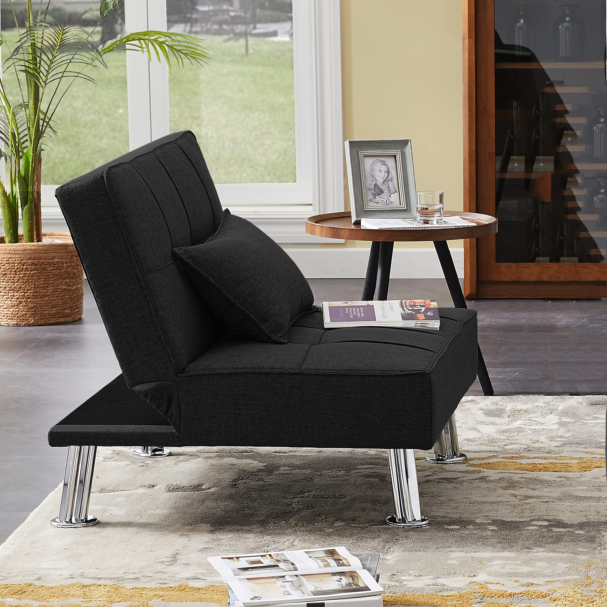 Modern Fabric Single Sofa Bed with Ottoman - Convertible Folding Futon Chair & Lounge Chair Set with Sturdy Metal Legs for Small Spaces, Guest Room & Apartment Living
