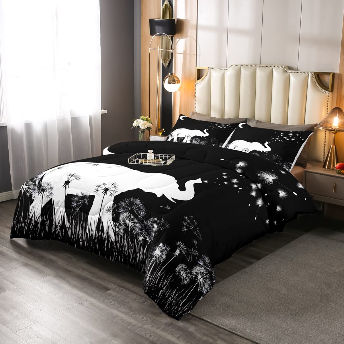 African Elephant Comforter Set - Safari Animal Bedding for Kids & Boys, Queen Size with 1 Comforter & 2 Pillowcases | Exotic Bohemian Elephant Sketch Design with Dandelion & Crescent Moon | Perfect for Jungle-Themed Bedrooms & Safari Nursery Decor