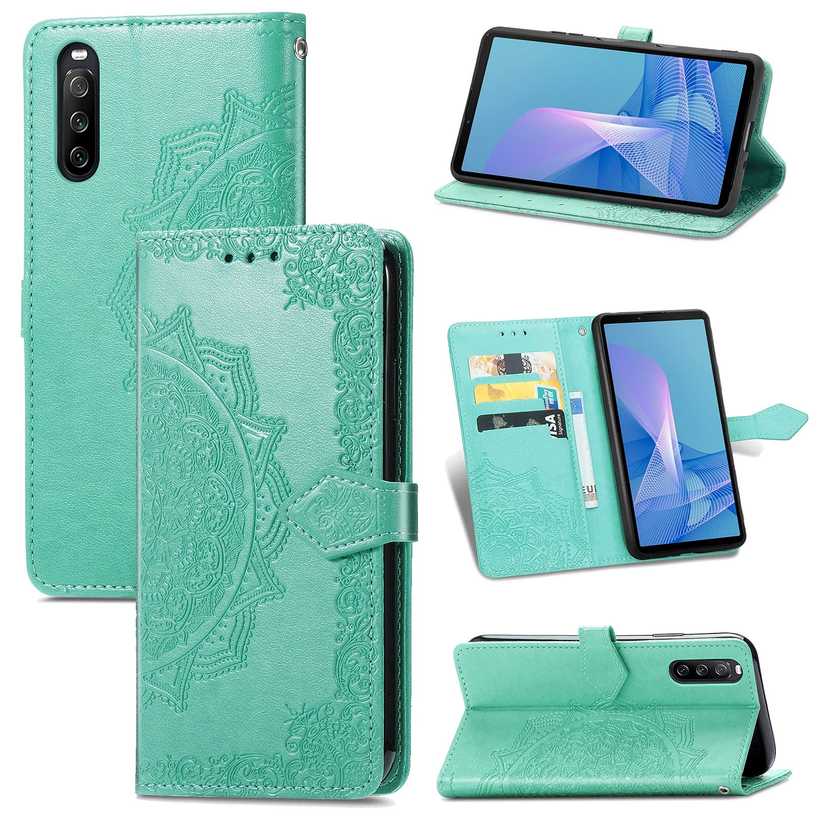 Sony Xperia 10 III Leather Phone Case with Mandala Embossing, Card Slots, Kickstand & Lanyard - Horizontal Flip Wallet Case for Protection & Style | Perfect for Daily Use, Travel & Business Meetings