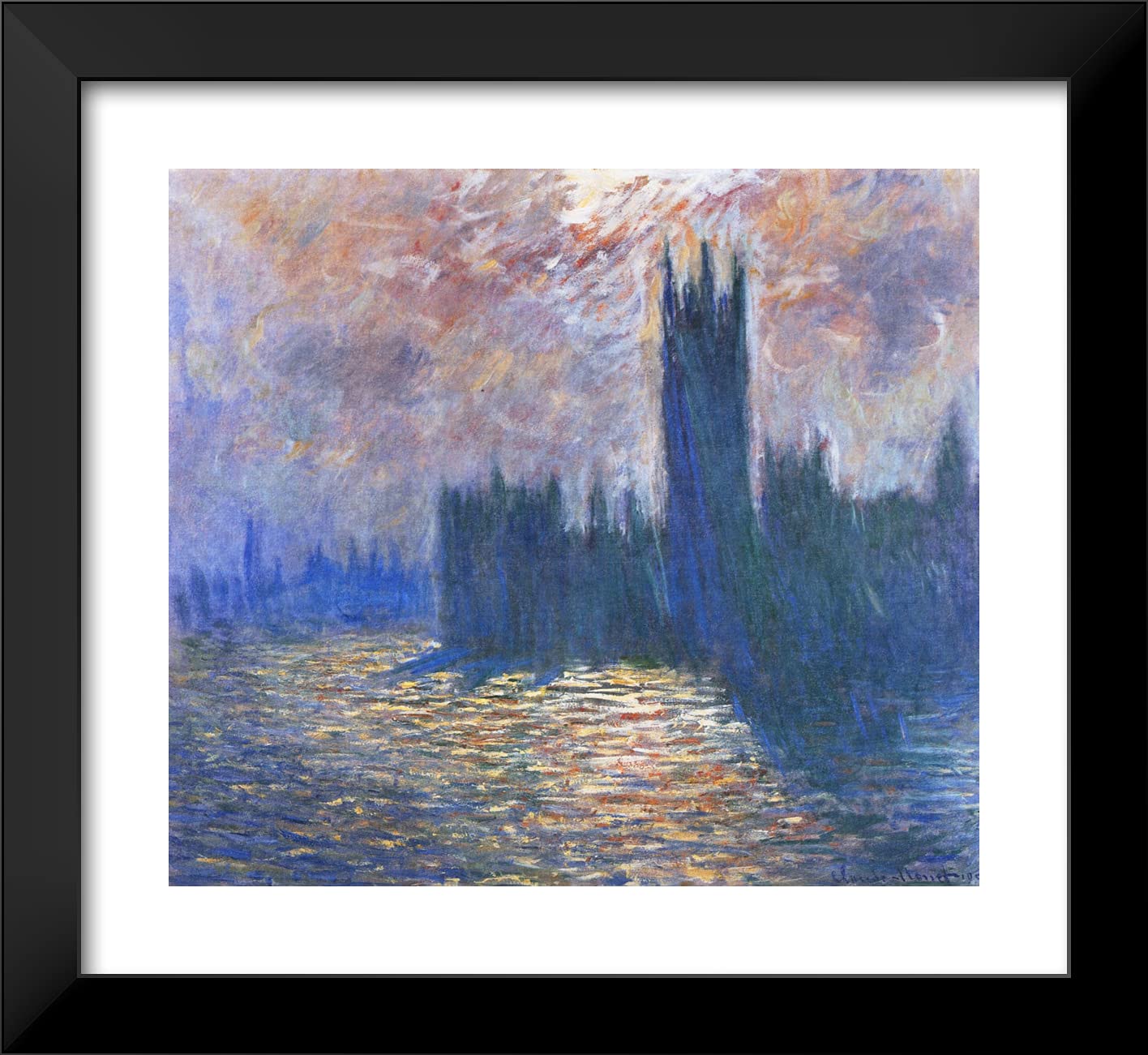 Claude Monet London Parliament Reflections on the Thames - 22x20 Inch Black Modern Framed Art Print - Wall Decor for Living Room, Office & Bedroom