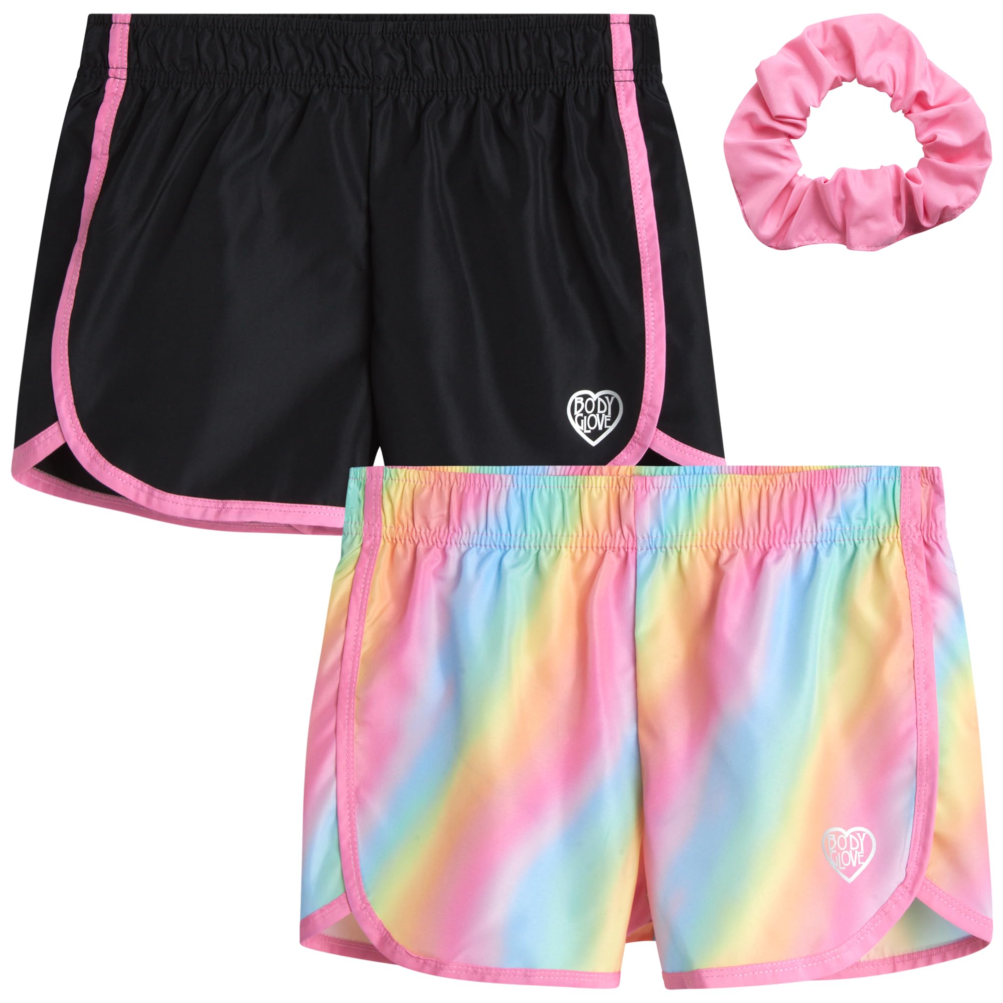 Body Glove Girls' Athletic Shorts 2-Pack - Quick Dry Performance Gym Shorts with Scrunchie for Ages 7-12 | Perfect for School PE, Soccer Practice & Summer Camp Activities
