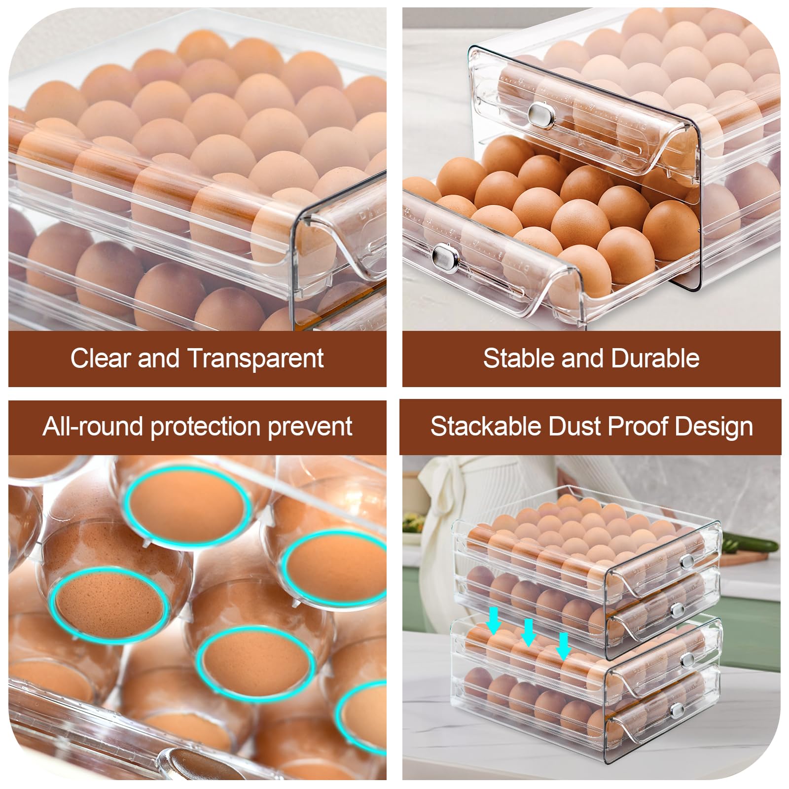 2-Tier Stackable Egg Holder for Refrigerator - Clear Plastic Egg Storage Container with 60-Capacity & Time Scale - Perfect for Fridge, Countertop, Pantry Organization - Ideal for Home Kitchen, Breakfast Meal Prep & Farm Fresh Egg Storage