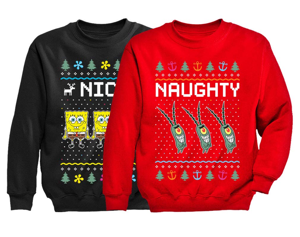 Spongebob & Plankton Ugly Christmas Sweater - Funny Holiday Sweatshirt for Men & Women (Black) - Perfect for Christmas Parties & Gift Exchanges