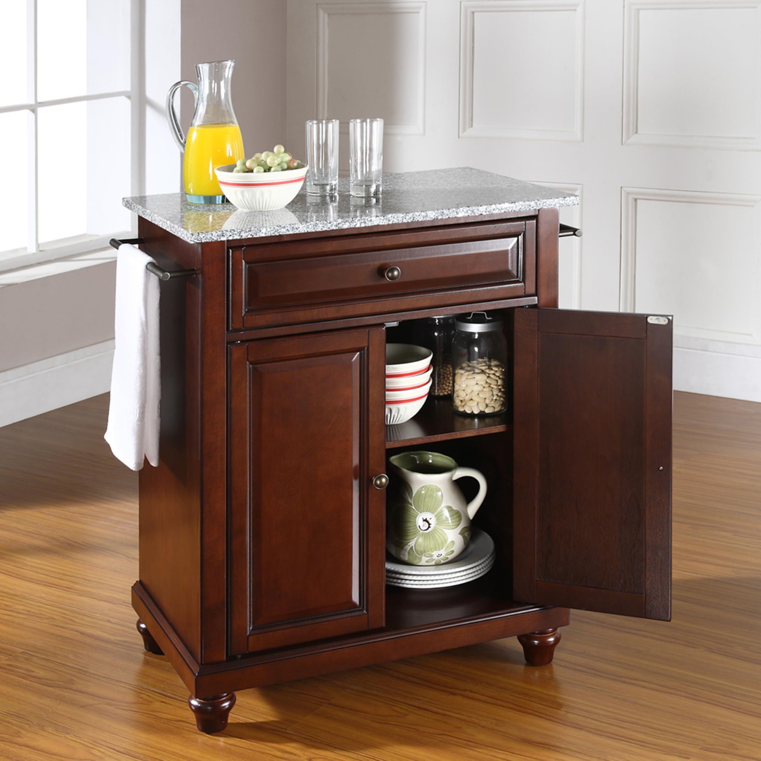 Crosley Cambridge Granite Top Portable Kitchen Island Cart with Wheels - Microwave Stand, Storage Cabinet, Mahogany Finish for Small Spaces & Apartment Living