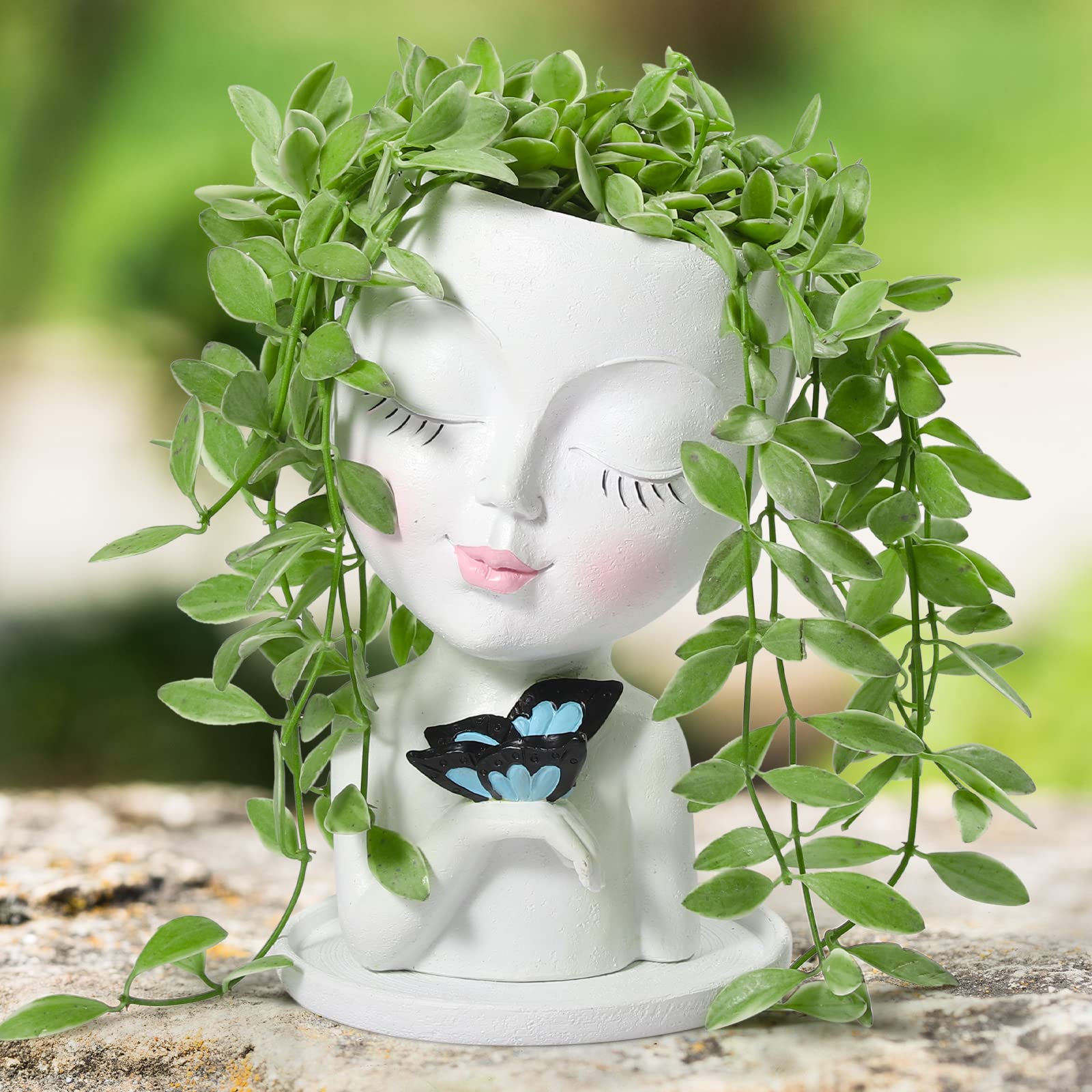 Stylish White Face Planter Pots with Butterfly for Indoor & Outdoor Plants - Succulent Flower Pot with Drainage Hole - Perfect for Home Decor, Office Desk, Garden & Patio